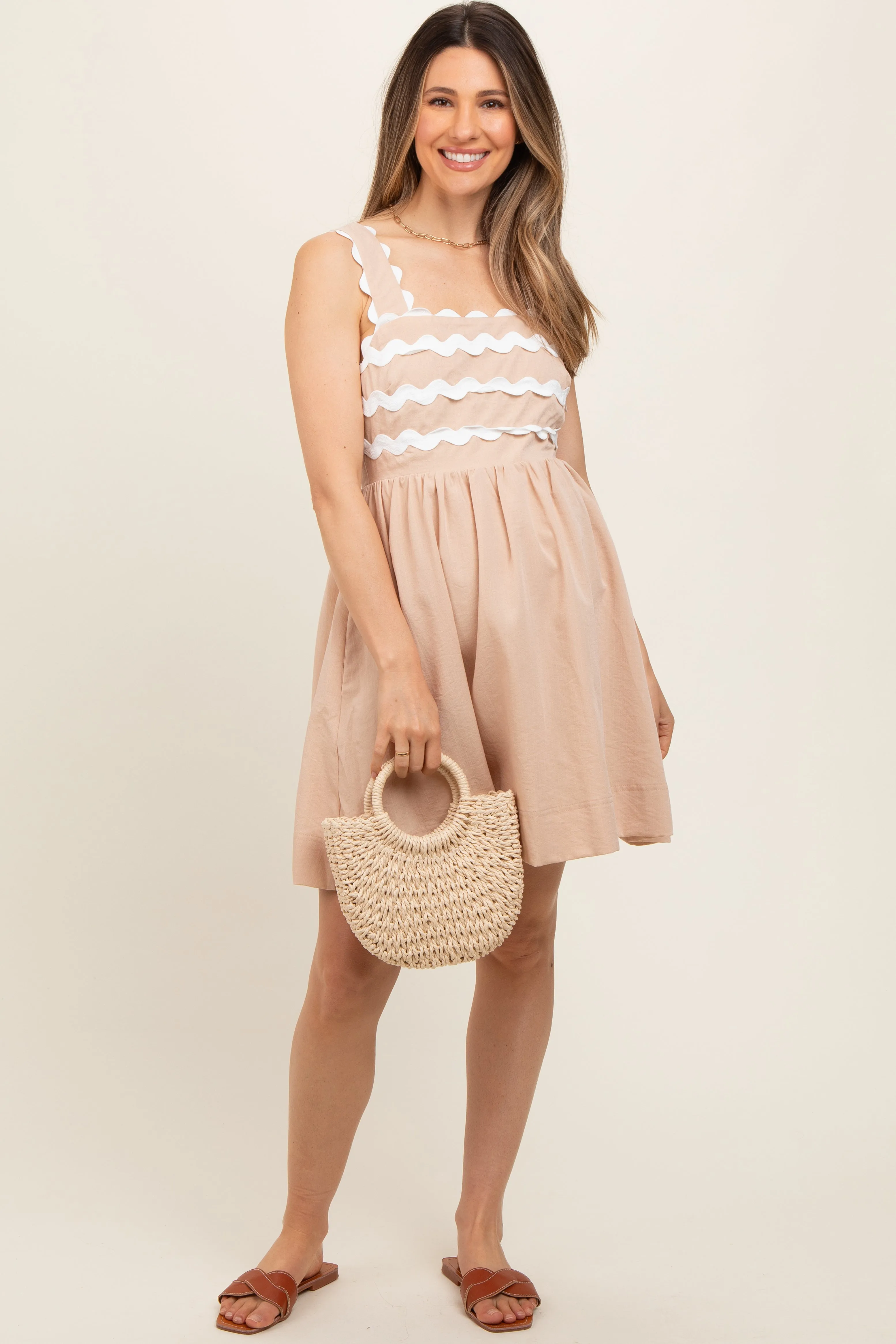 Beige Ric Rack Accent Sleeveless Maternity Dress sold by Pinkblush