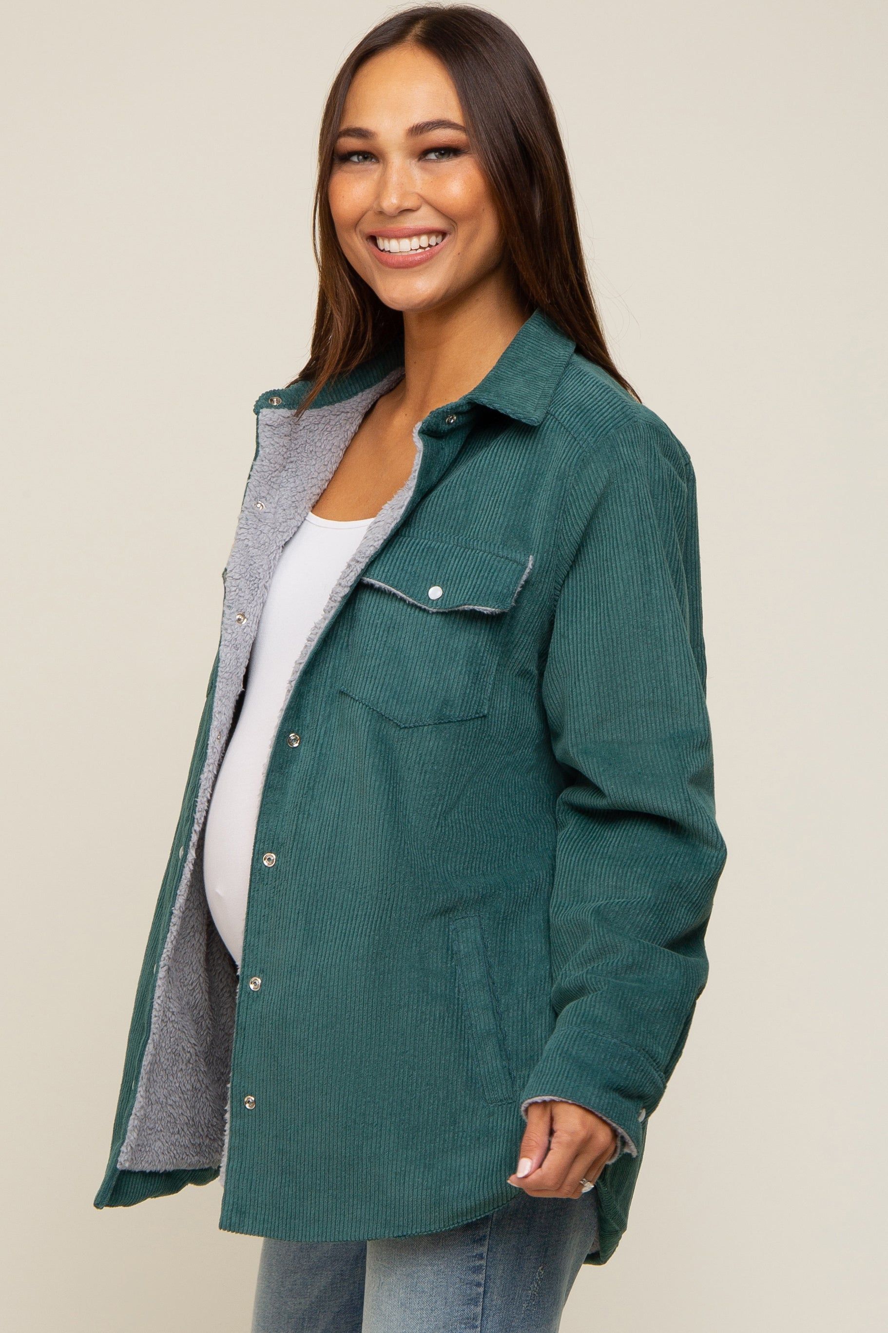 Forest Green Corduroy Sherpa Lined Maternity Shacket sold by Pinkblush product image thumbnail 2