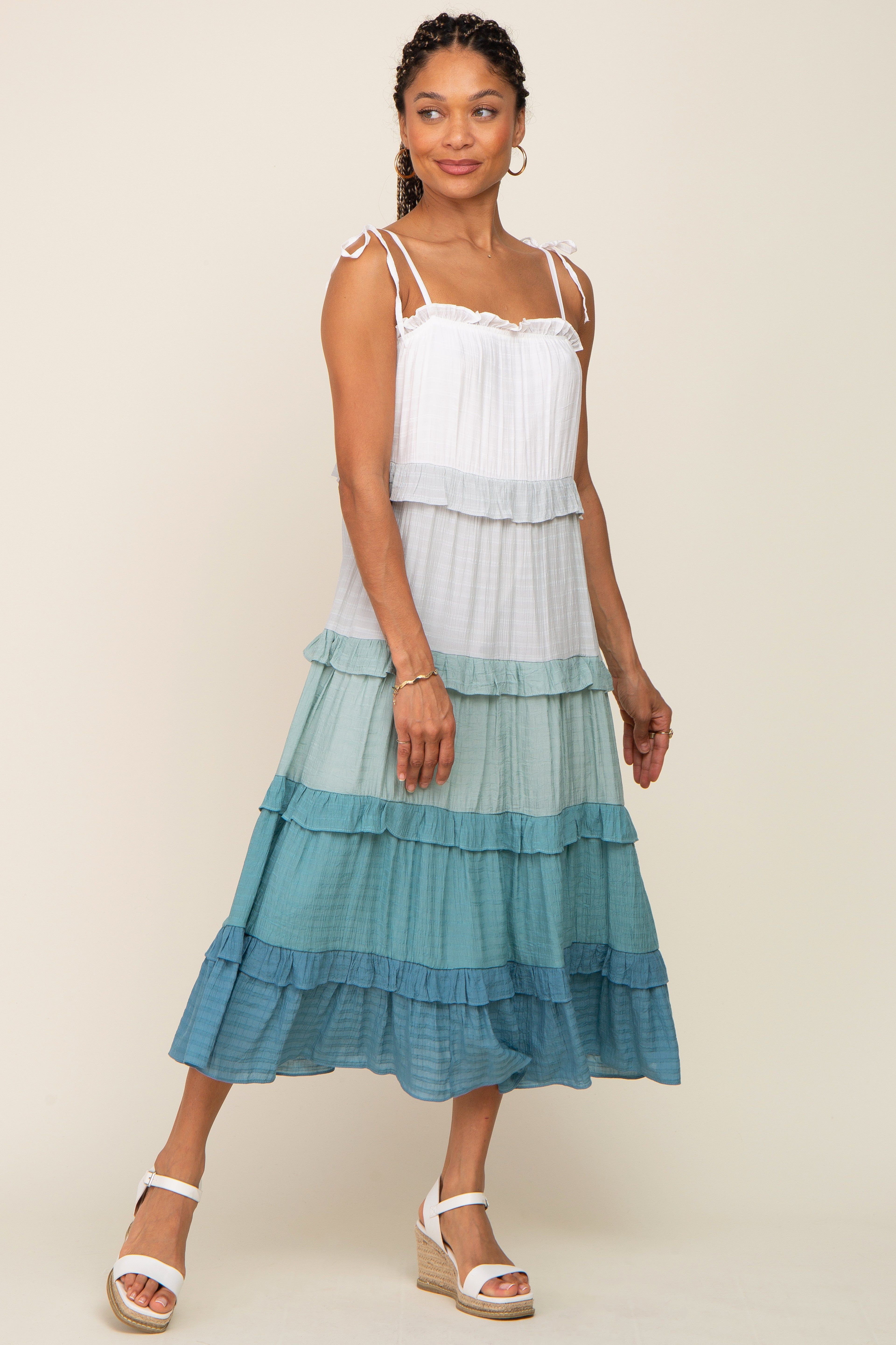 Blue Ombre Ruffle Tiered Shoulder Tie Midi Dress sold by Pinkblush product image thumbnail 4