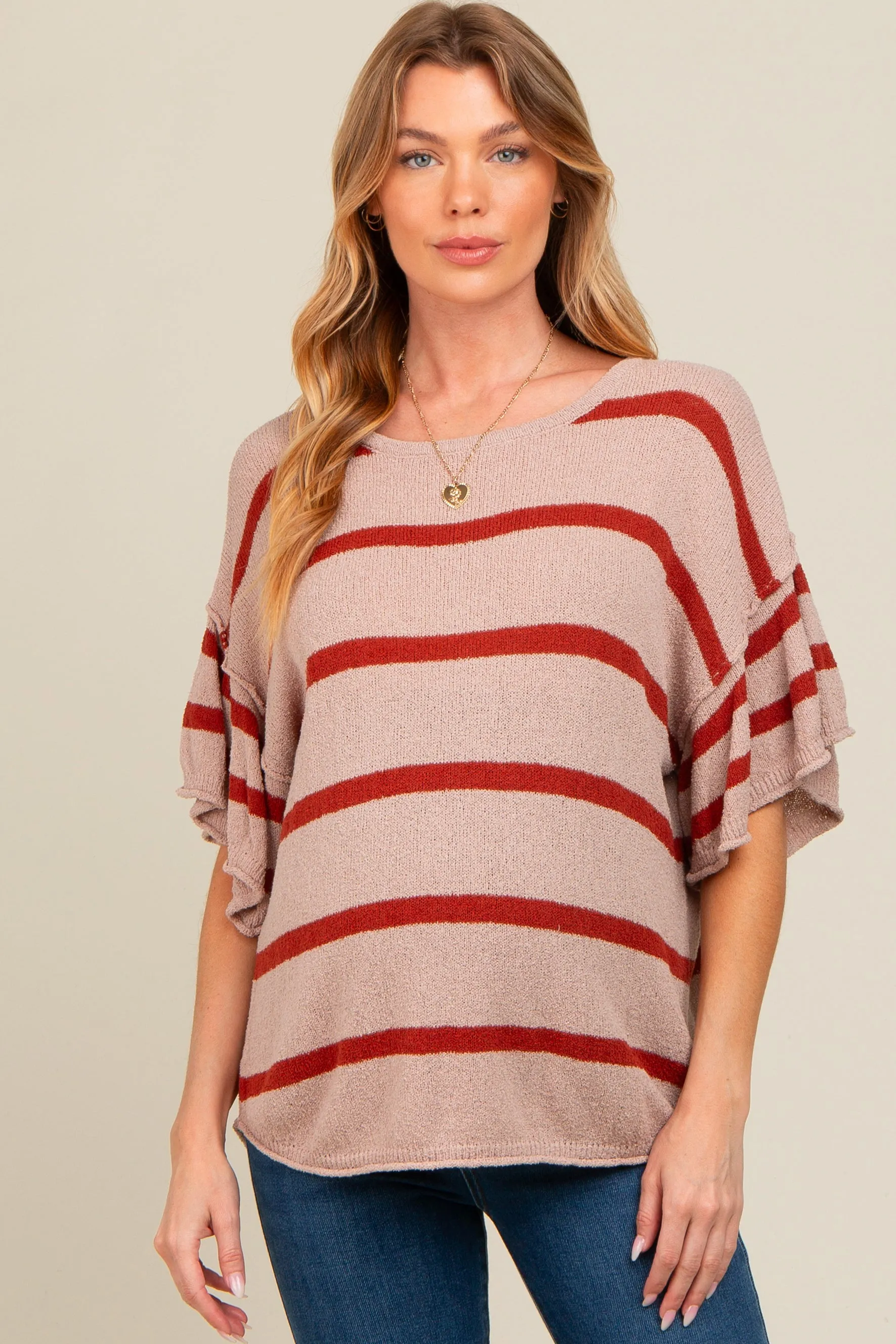 Rust Striped Ruffle Sleeve Knit Maternity Top sold by Pinkblush product image thumbnail 2