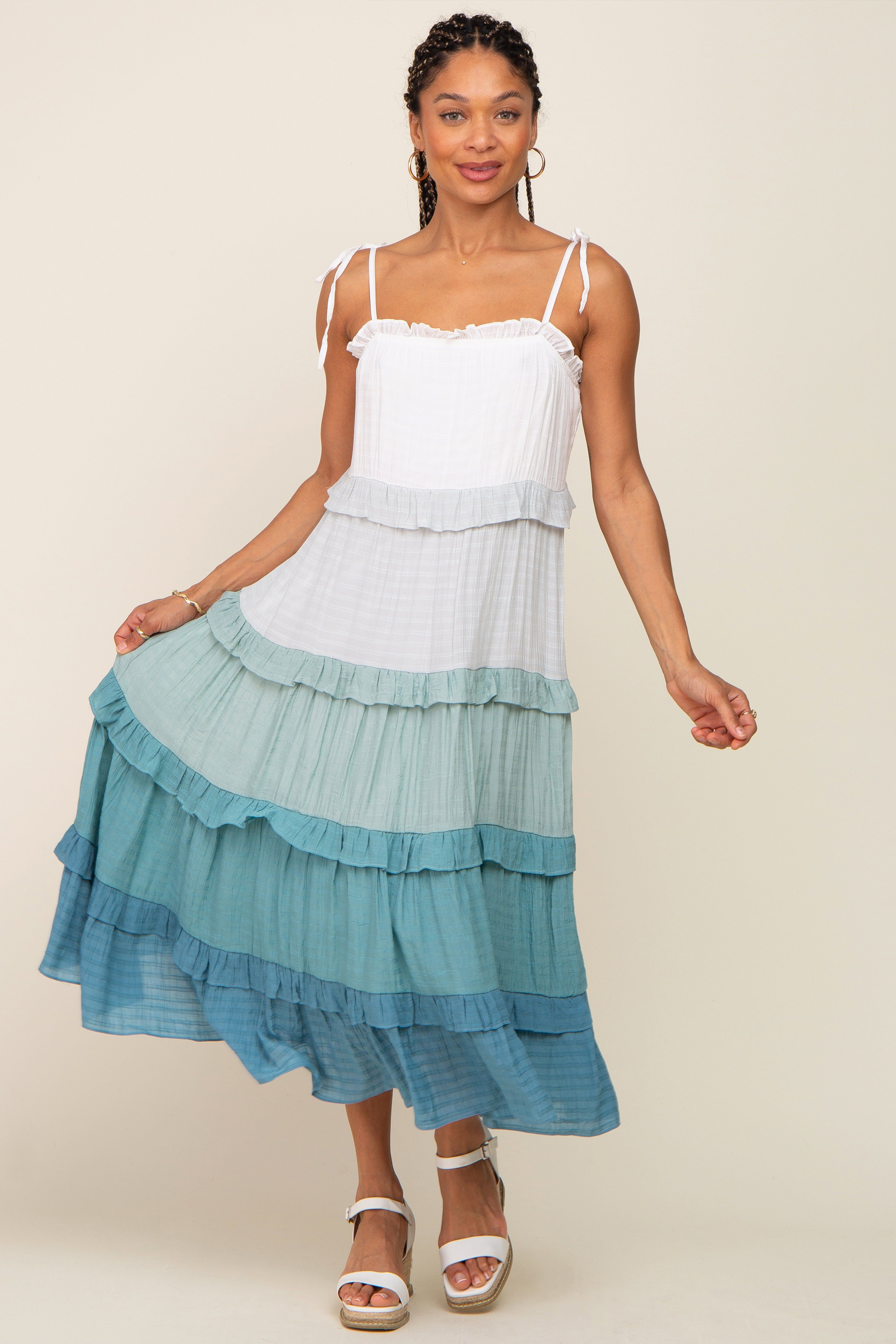 Blue Ombre Ruffle Tiered Shoulder Tie Midi Dress sold by Pinkblush