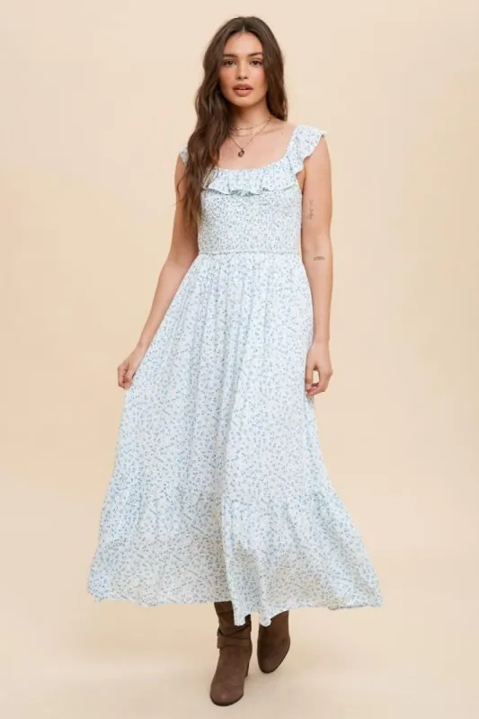 Off White Blue Smocked Bodice Floral Midi Dress sold by Pinkblush