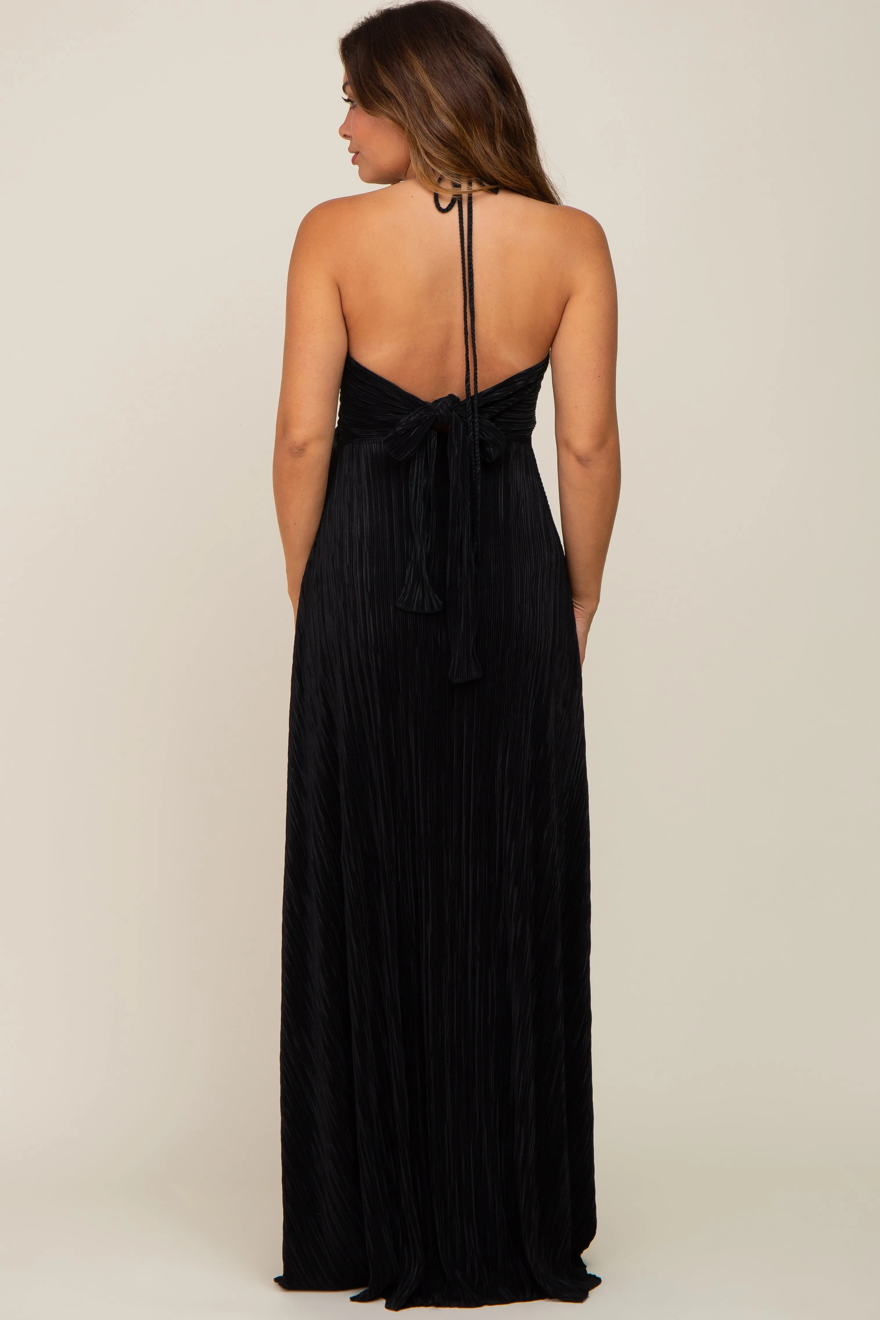 Black Plisse Halter Back Tie Maternity Maxi Dress sold by Pinkblush product image thumbnail 3