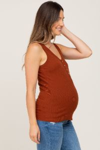 Camel Ribbed Button Front Maternity Tank Top sold by Pinkblush