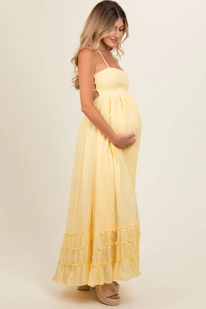 Yellow Smocked Halter Cutout Maternity Maxi Dress sold by Pinkblush product image thumbnail 3