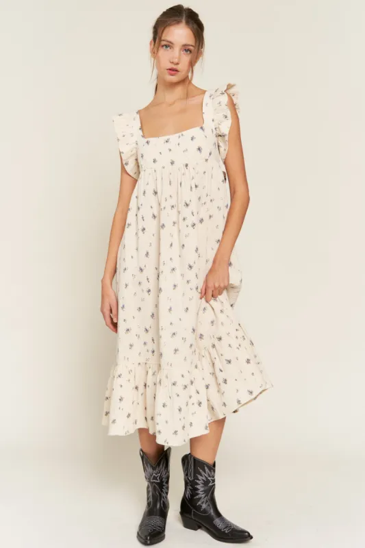 Cream Cutout Back Ruffle Accent Midi Dress sold by Pinkblush