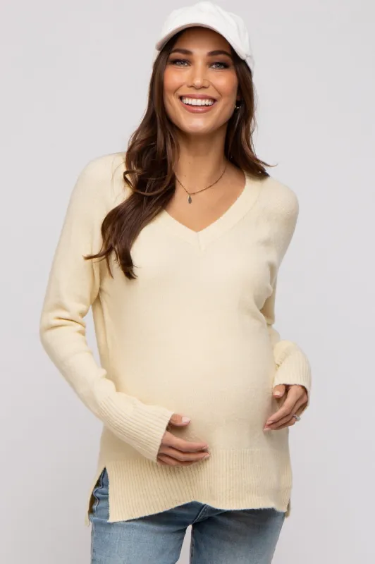 Cream V-Neck Basic Maternity Sweater sold by Pinkblush