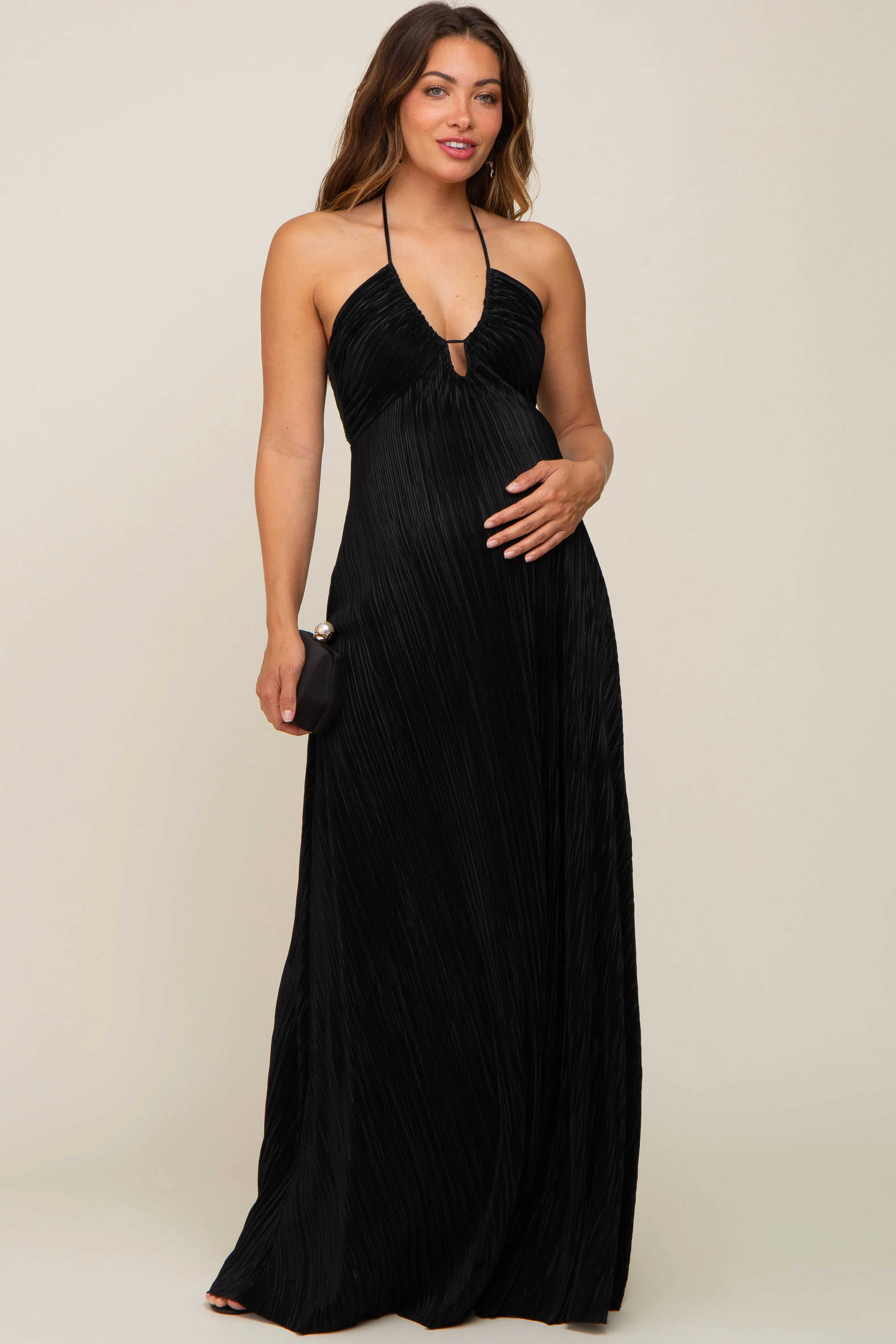 Black Plisse Halter Back Tie Maternity Maxi Dress sold by Pinkblush