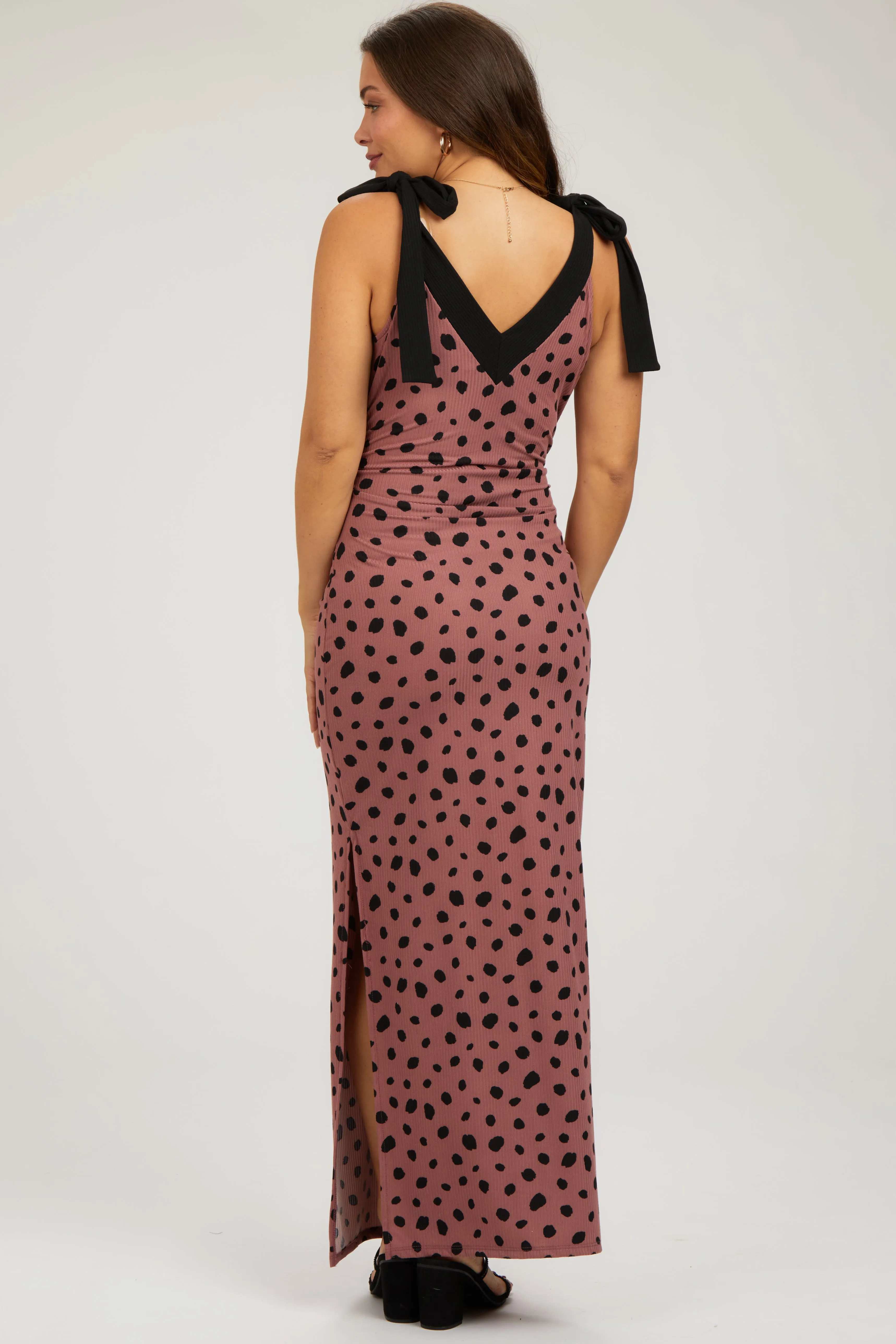 Mauve Ribbed Polka Dot Shoulder Tie Maternity Maxi Dress sold by Pinkblush product image thumbnail 4