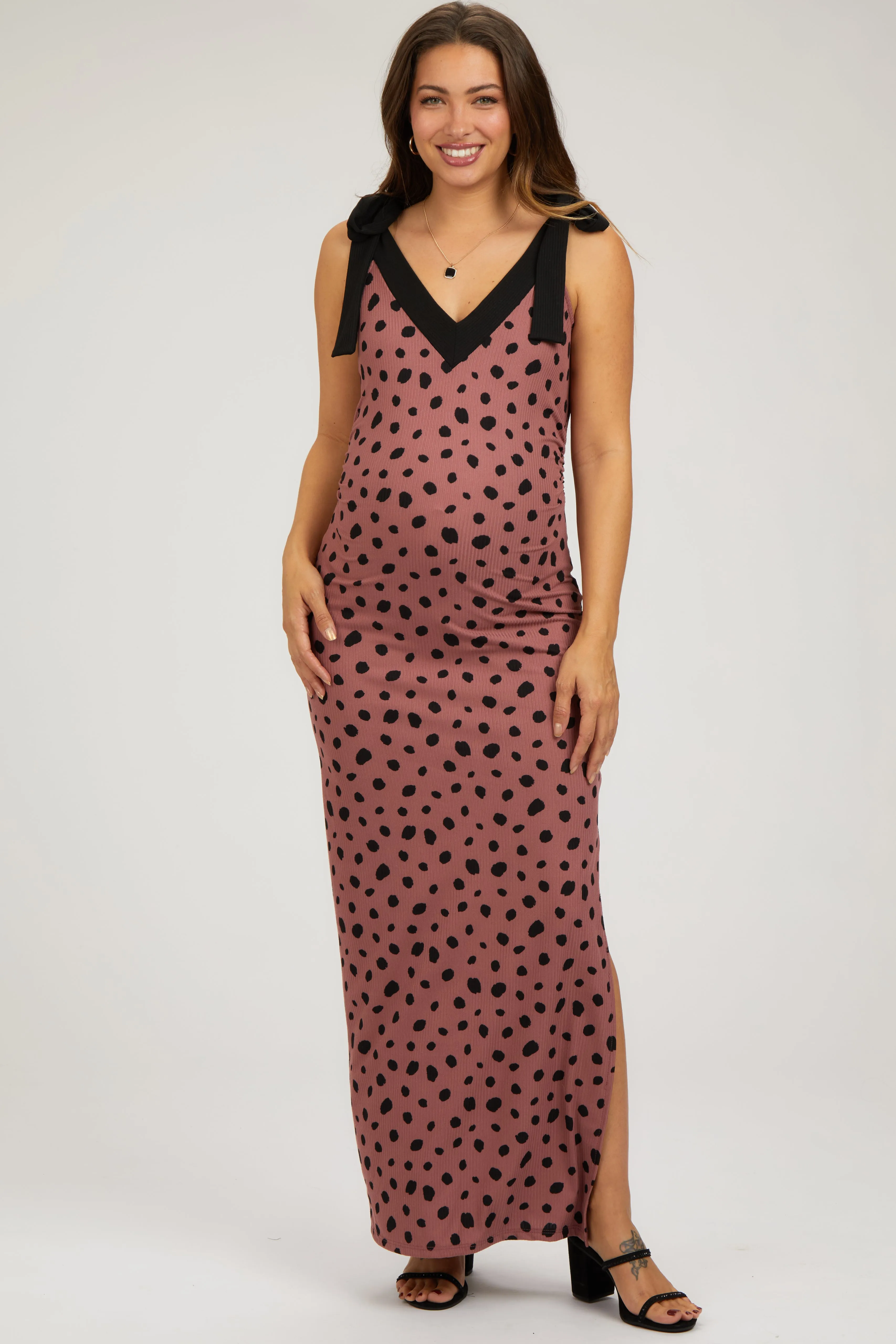 Mauve Ribbed Polka Dot Shoulder Tie Maternity Maxi Dress sold by Pinkblush