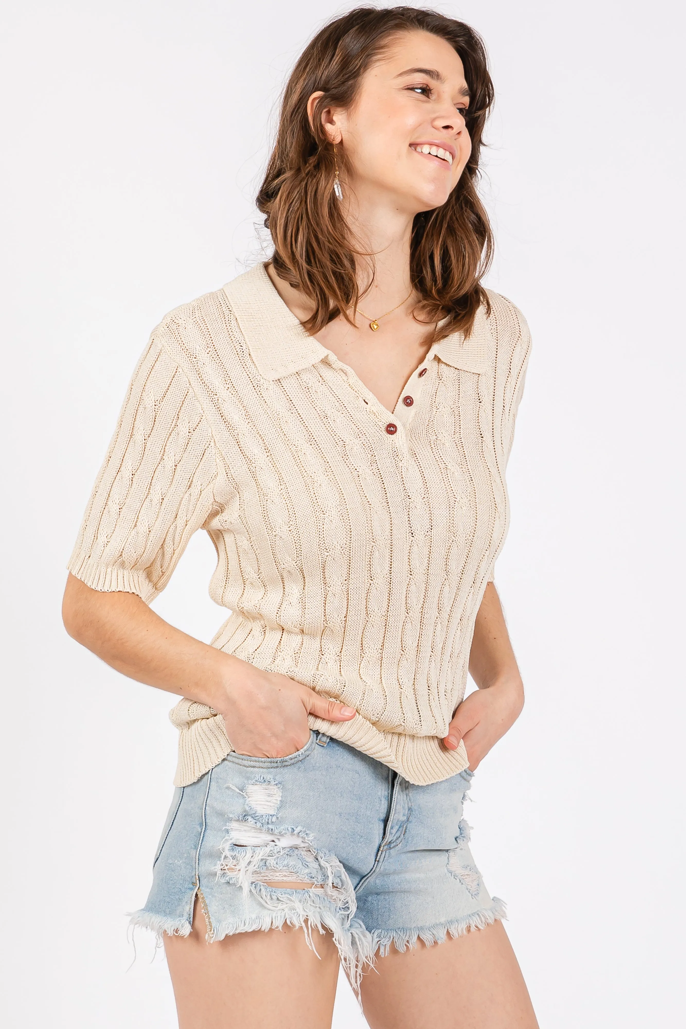 Beige Knit Button Collared Top sold by Pinkblush product image thumbnail 2