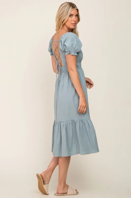 Mint Puff Sleeve Ruffle Hem Midi Dress sold by Pinkblush
