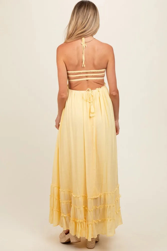 Yellow Smocked Halter Cutout Maternity Maxi Dress sold by Pinkblush product image thumbnail 4