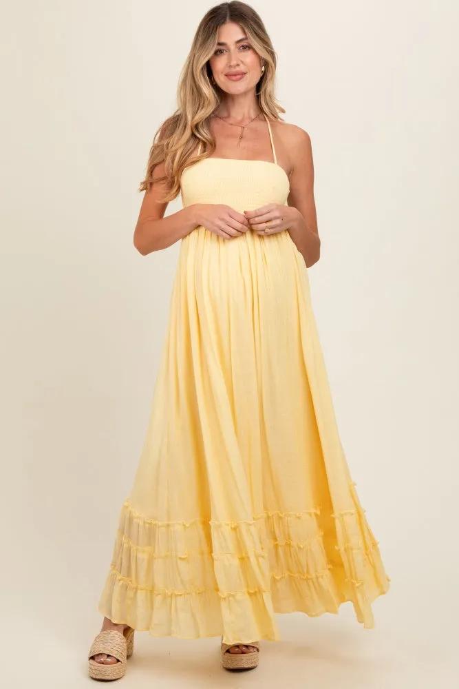 Yellow Smocked Halter Cutout Maternity Maxi Dress sold by Pinkblush