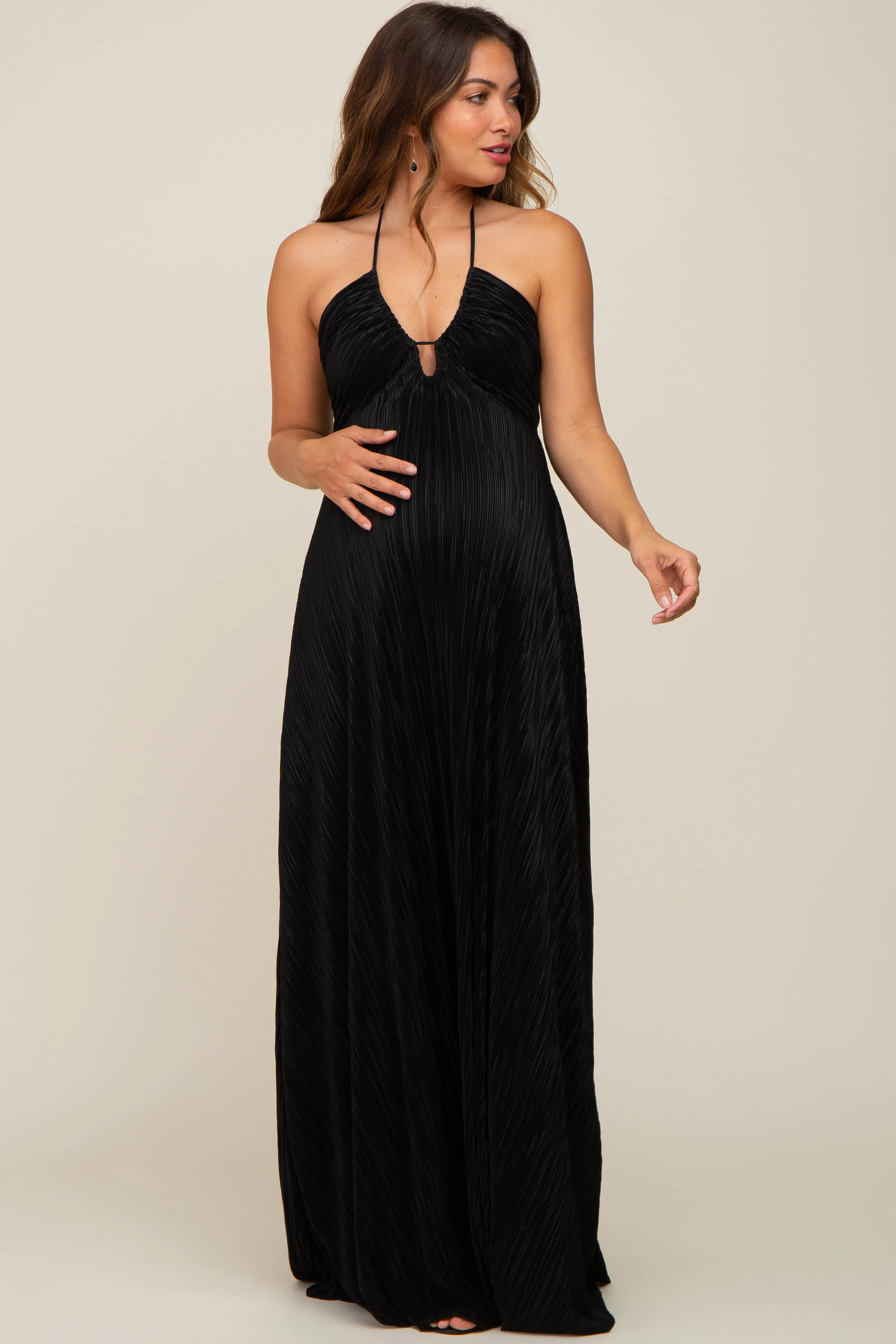 Black Plisse Halter Back Tie Maternity Maxi Dress sold by Pinkblush product image thumbnail 5