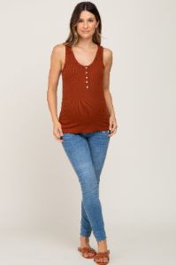 Camel Ribbed Button Front Maternity Tank Top sold by Pinkblush
