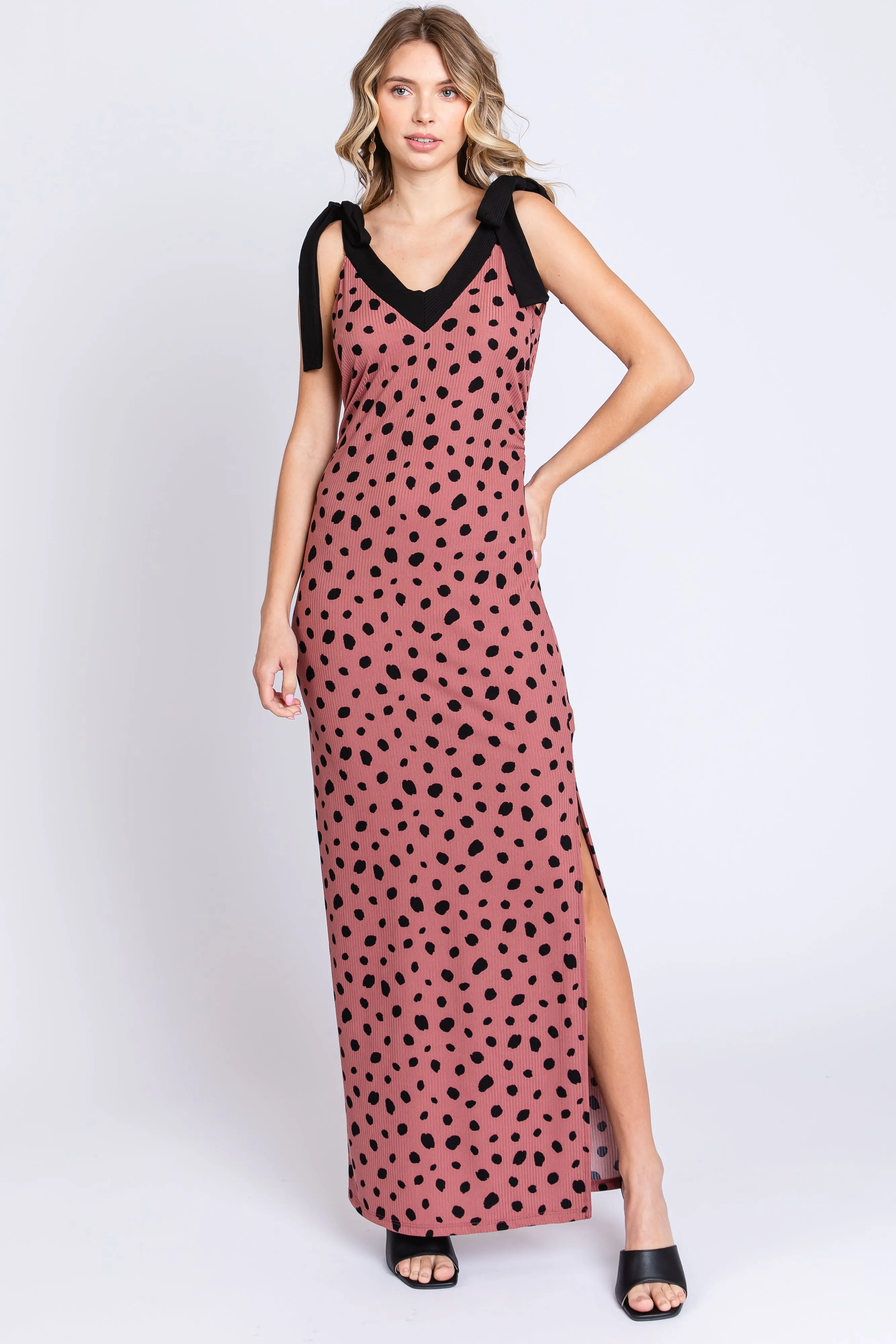 Mauve Ribbed Polka Dot Shoulder Tie Maternity Maxi Dress sold by Pinkblush product image thumbnail 5