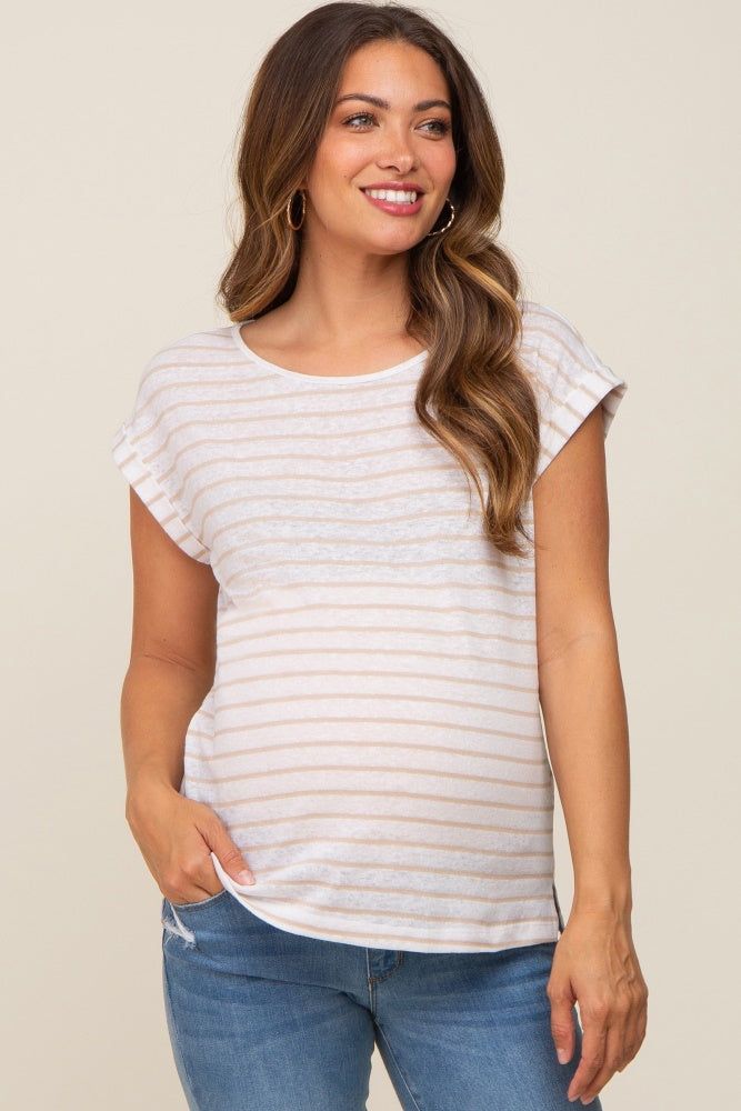 Beige Striped Cutout Back Maternity Top sold by Pinkblush