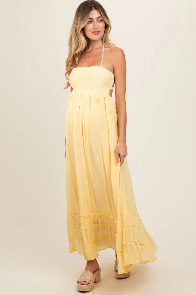 Yellow Smocked Halter Cutout Maternity Maxi Dress sold by Pinkblush product image thumbnail 2