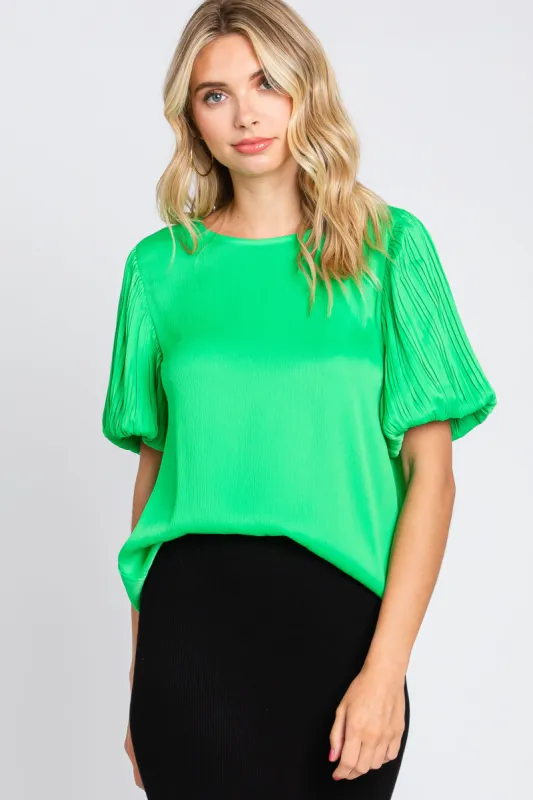 Green Satin Pleated Puff Short Sleeve Blouse sold by Pinkblush
