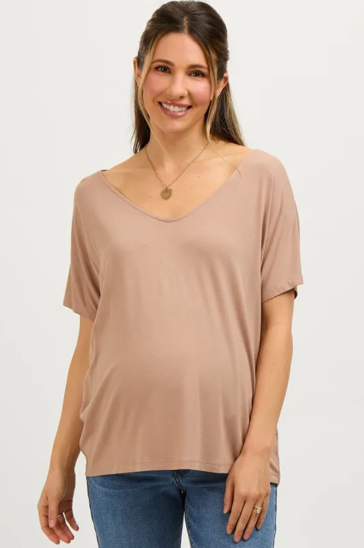 Beige Short Dolman Sleeve V-Neck Maternity Top sold by Pinkblush