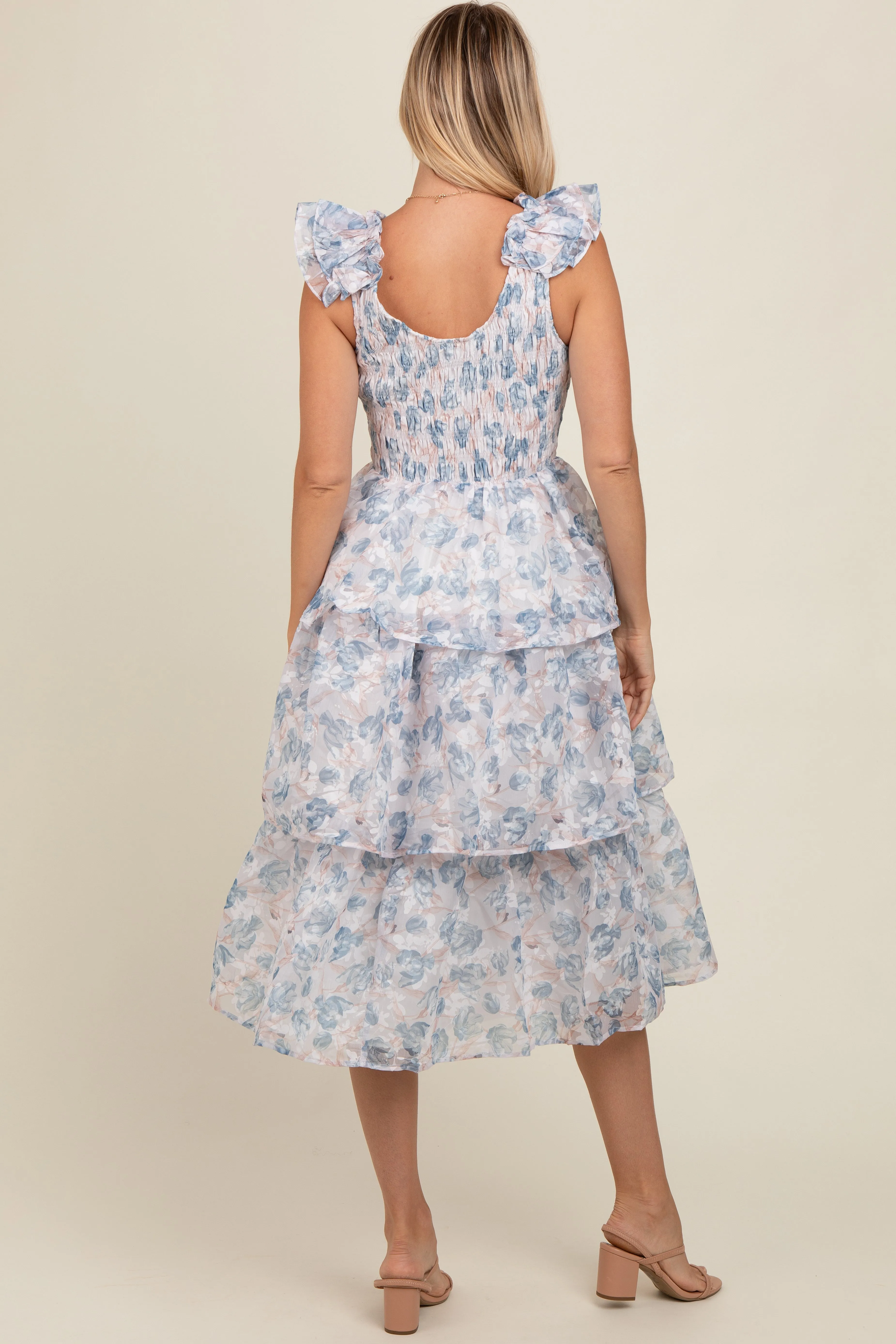 Grey Floral Smocked Tiered Layered Midi Dress sold by Pinkblush product image thumbnail 4