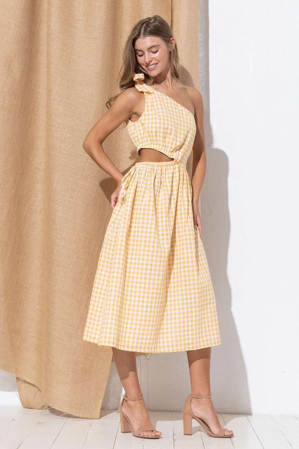 Yellow Plaid Sleeveless Midi Skirt Dress sold by Pinkblush