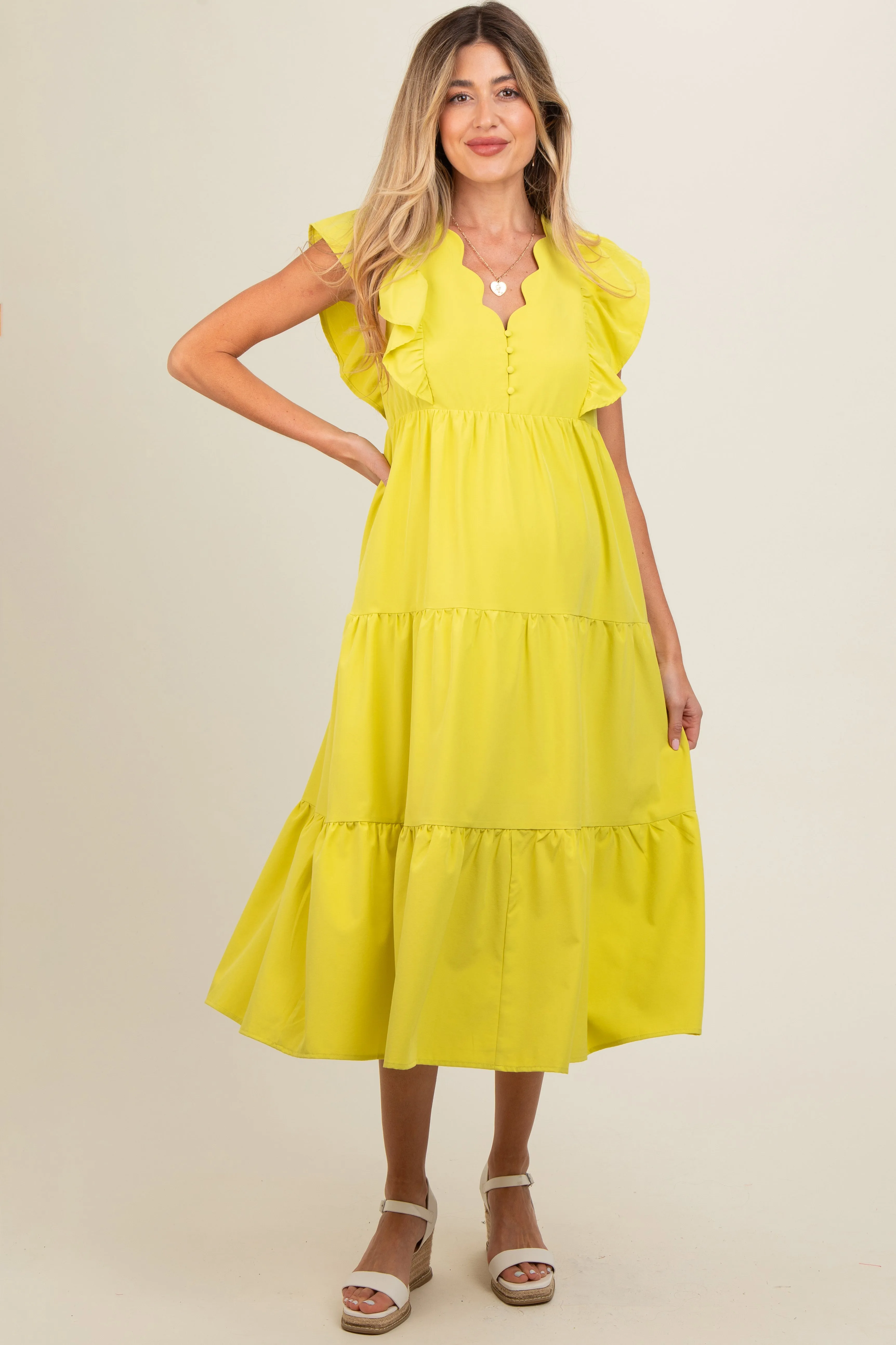 Lime Flutter Sleeve Tiered Maternity Midi Dress sold by Pinkblush