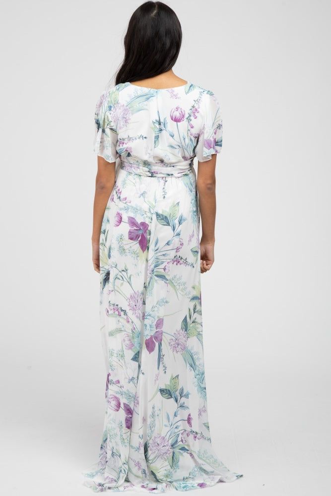 White Floral Chiffon Short Sleeve Maternity Maxi Dress sold by Pinkblush product image thumbnail 3