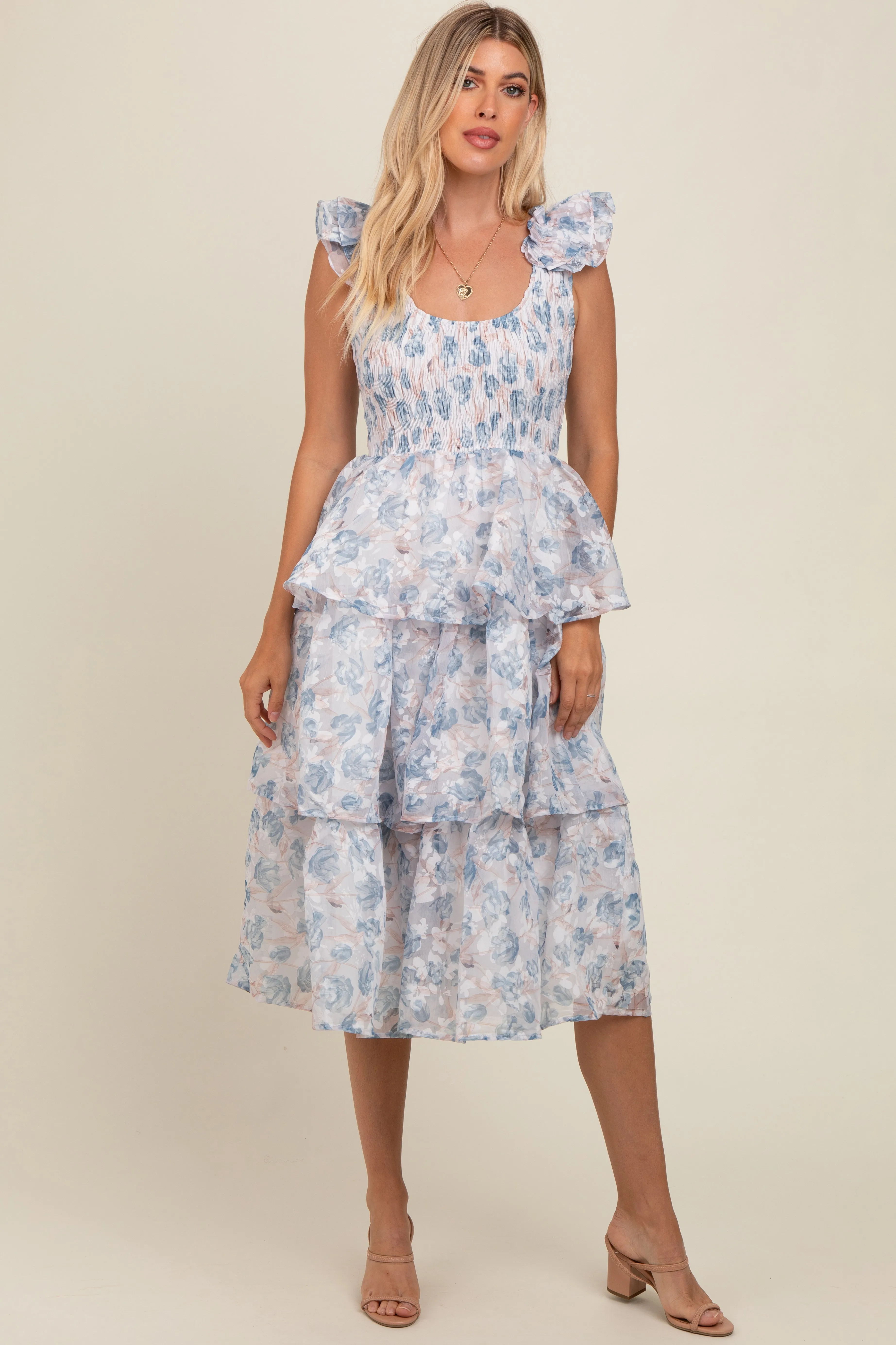 Grey Floral Smocked Tiered Layered Midi Dress sold by Pinkblush product image thumbnail 2