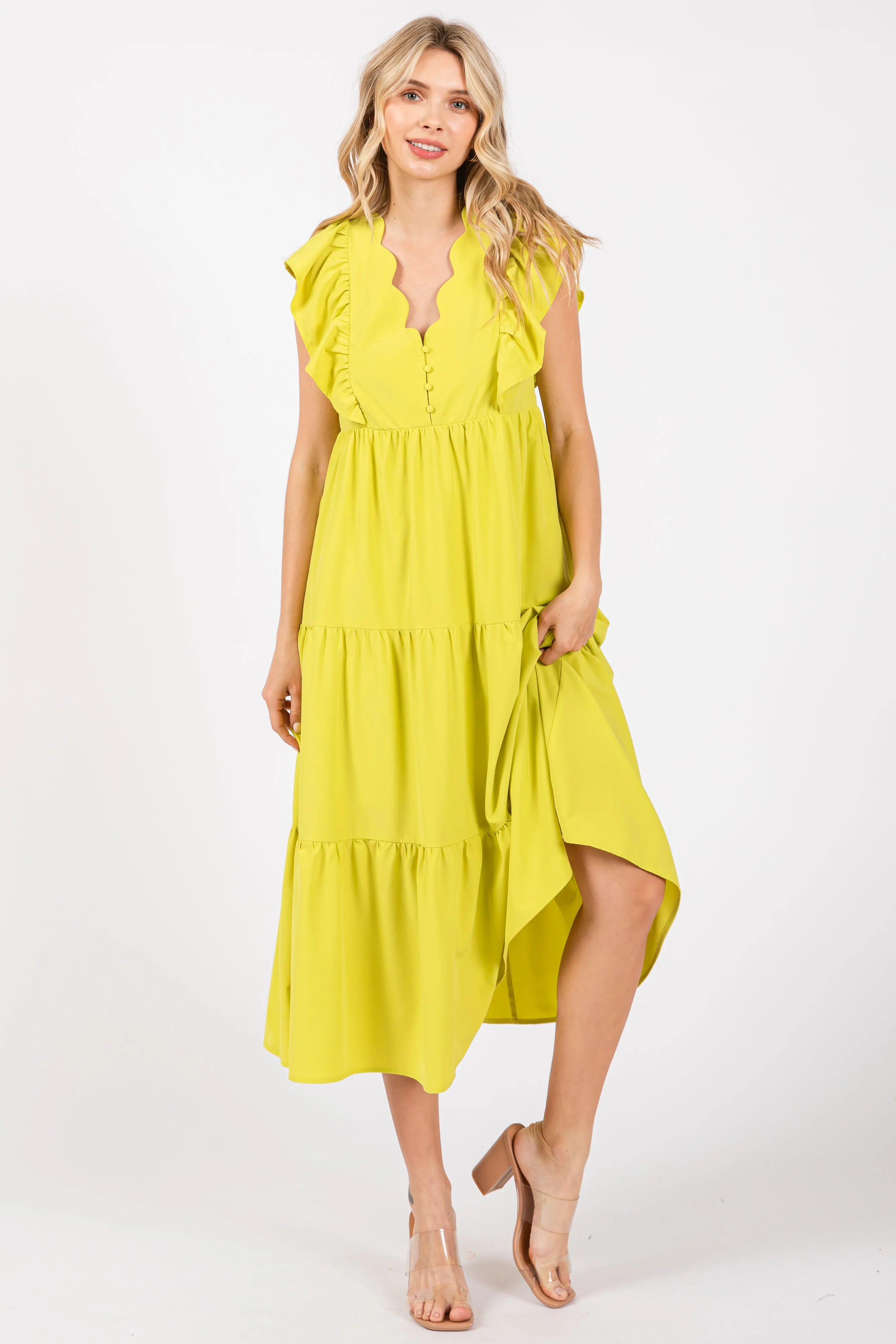 Lime Flutter Sleeve Tiered Maternity Midi Dress sold by Pinkblush product image thumbnail 5