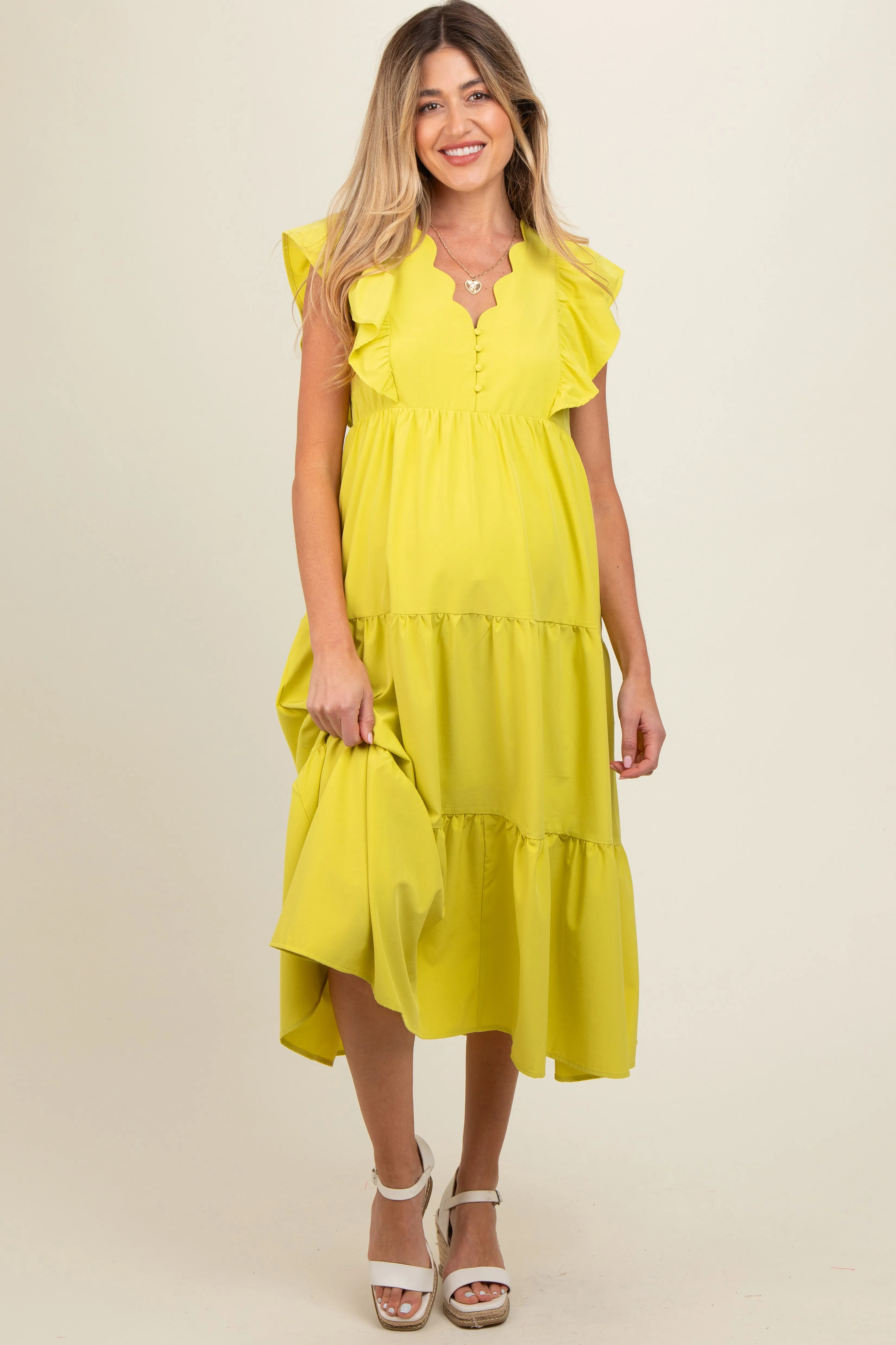 Lime Flutter Sleeve Tiered Maternity Midi Dress sold by Pinkblush product image thumbnail 2