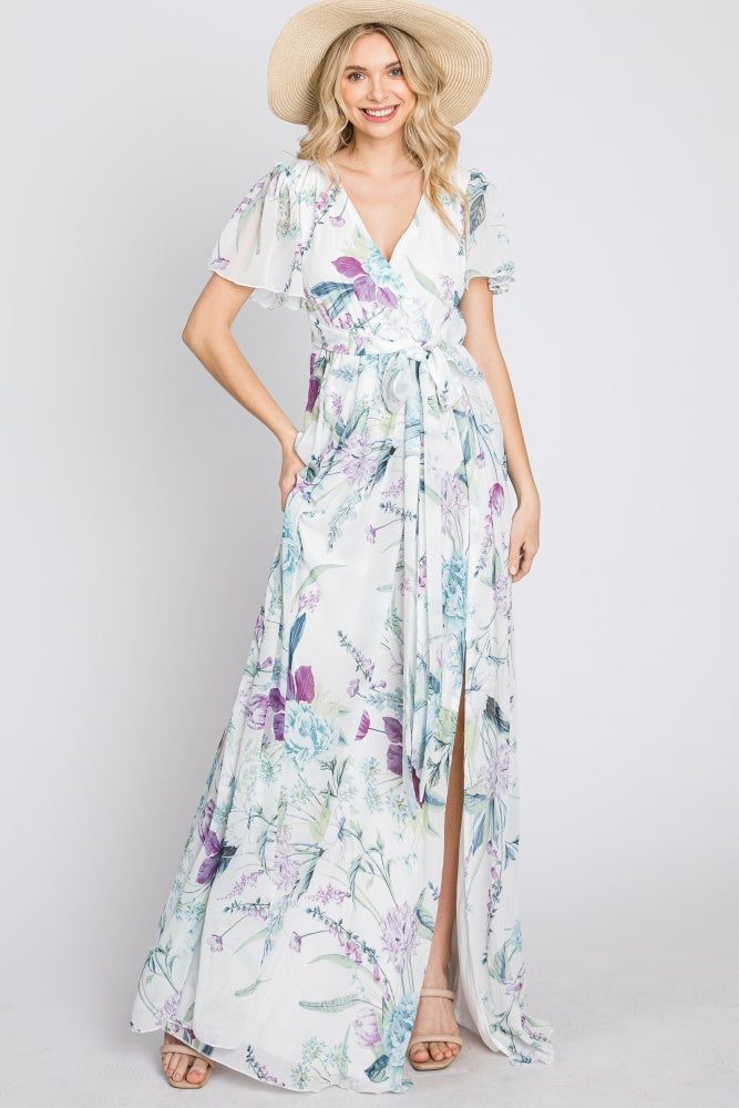 White Floral Chiffon Short Sleeve Maternity Maxi Dress sold by Pinkblush product image thumbnail 4