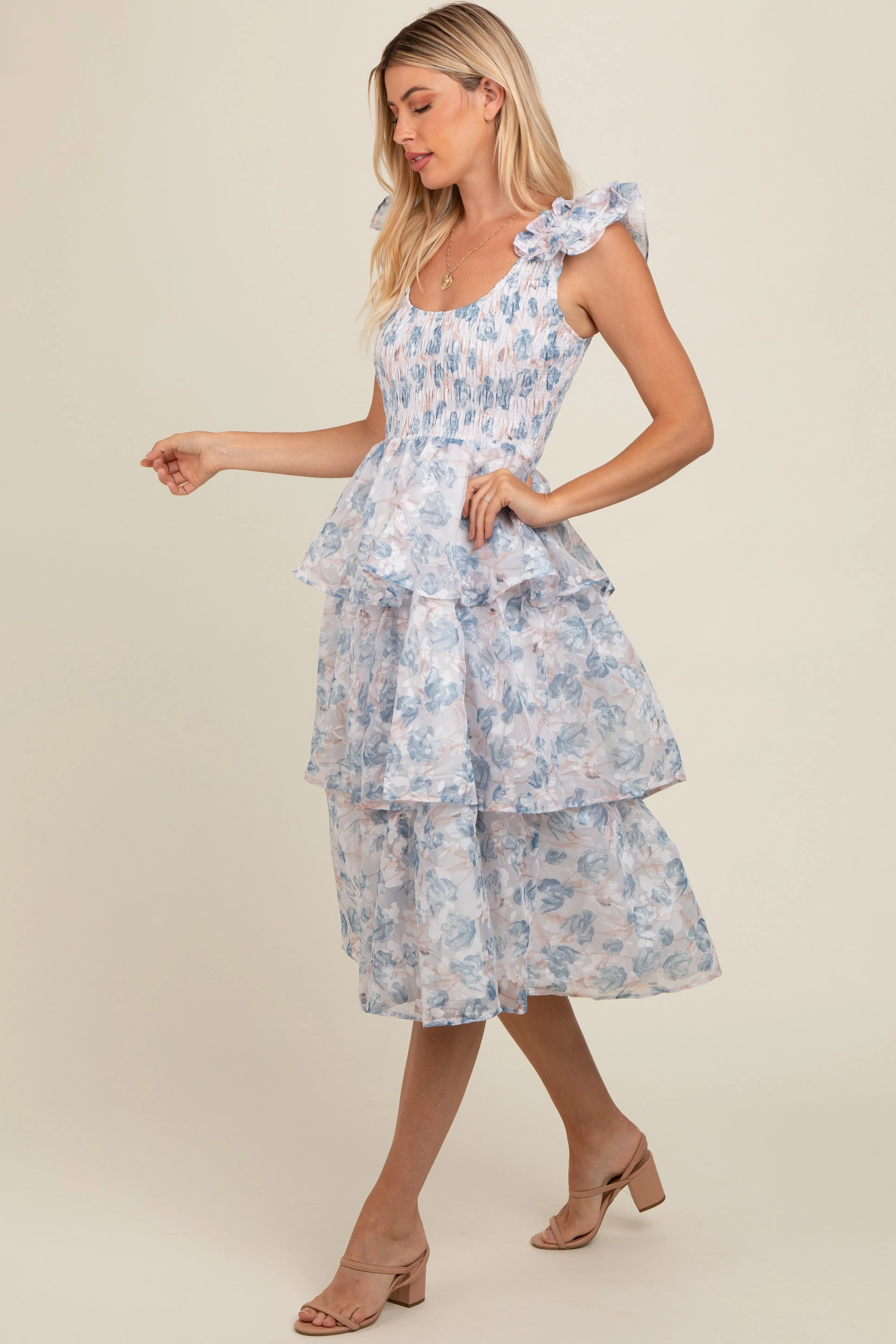 Grey Floral Smocked Tiered Layered Midi Dress sold by Pinkblush product image thumbnail 3