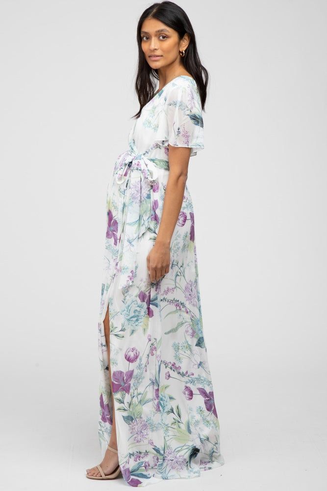 White Floral Chiffon Short Sleeve Maternity Maxi Dress sold by Pinkblush product image thumbnail 2