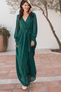 Green Chiffon Long Sleeve Pleated Maxi Dress sold by Pinkblush