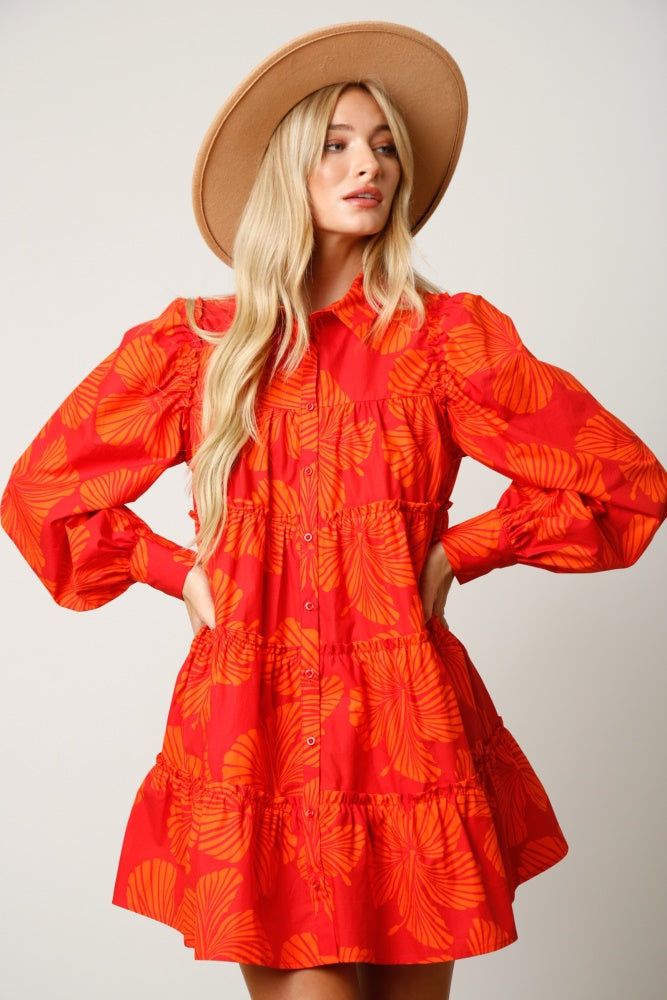 Orange Tropical Print Button Down Tiered Shirt Dress sold by Pinkblush product image thumbnail 2