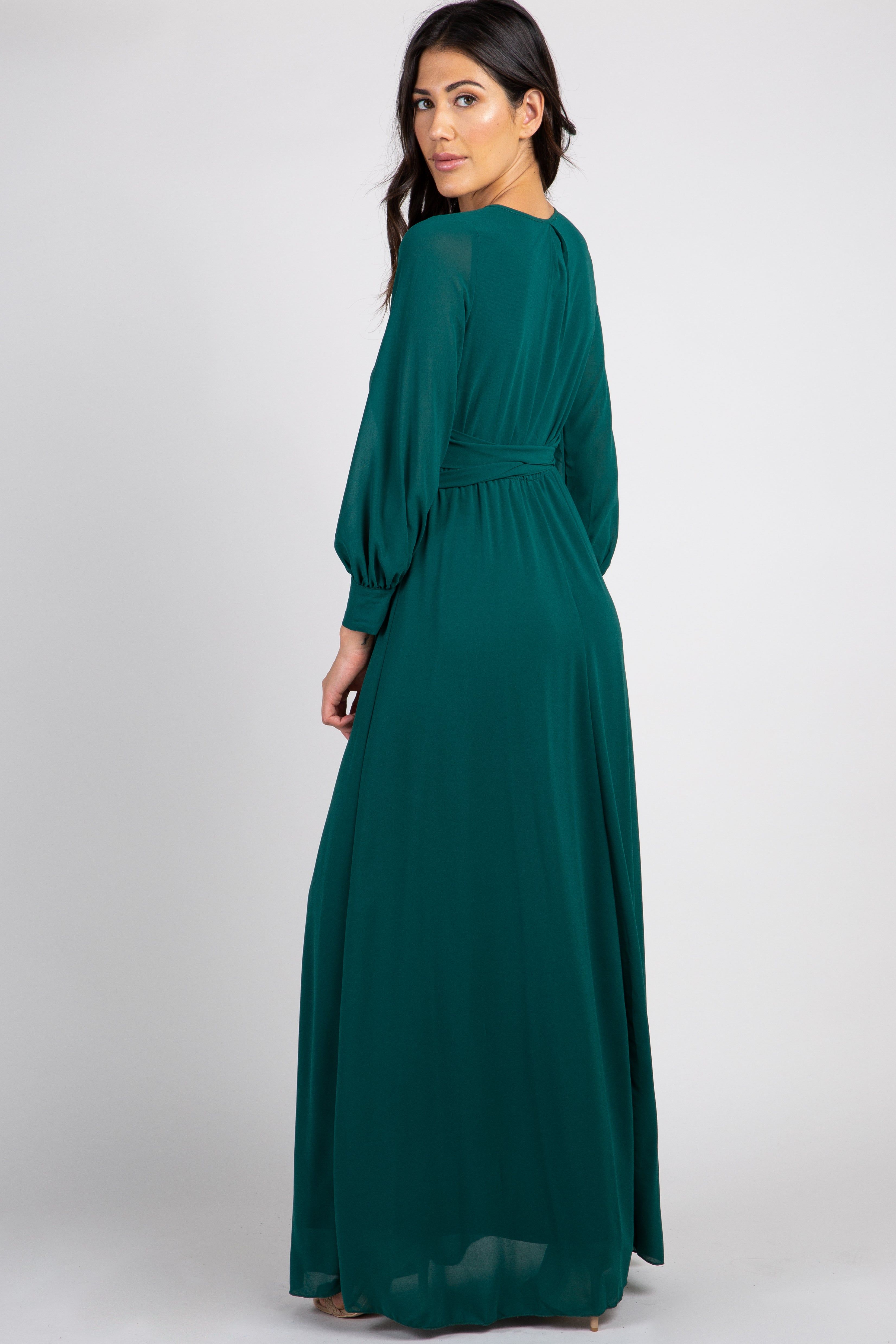 Green Chiffon Long Sleeve Pleated Maxi Dress sold by Pinkblush product image thumbnail 3