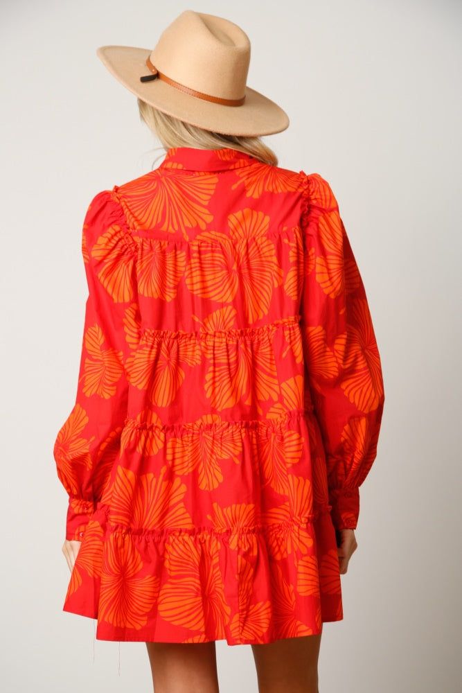 Orange Tropical Print Button Down Tiered Shirt Dress sold by Pinkblush product image thumbnail 3