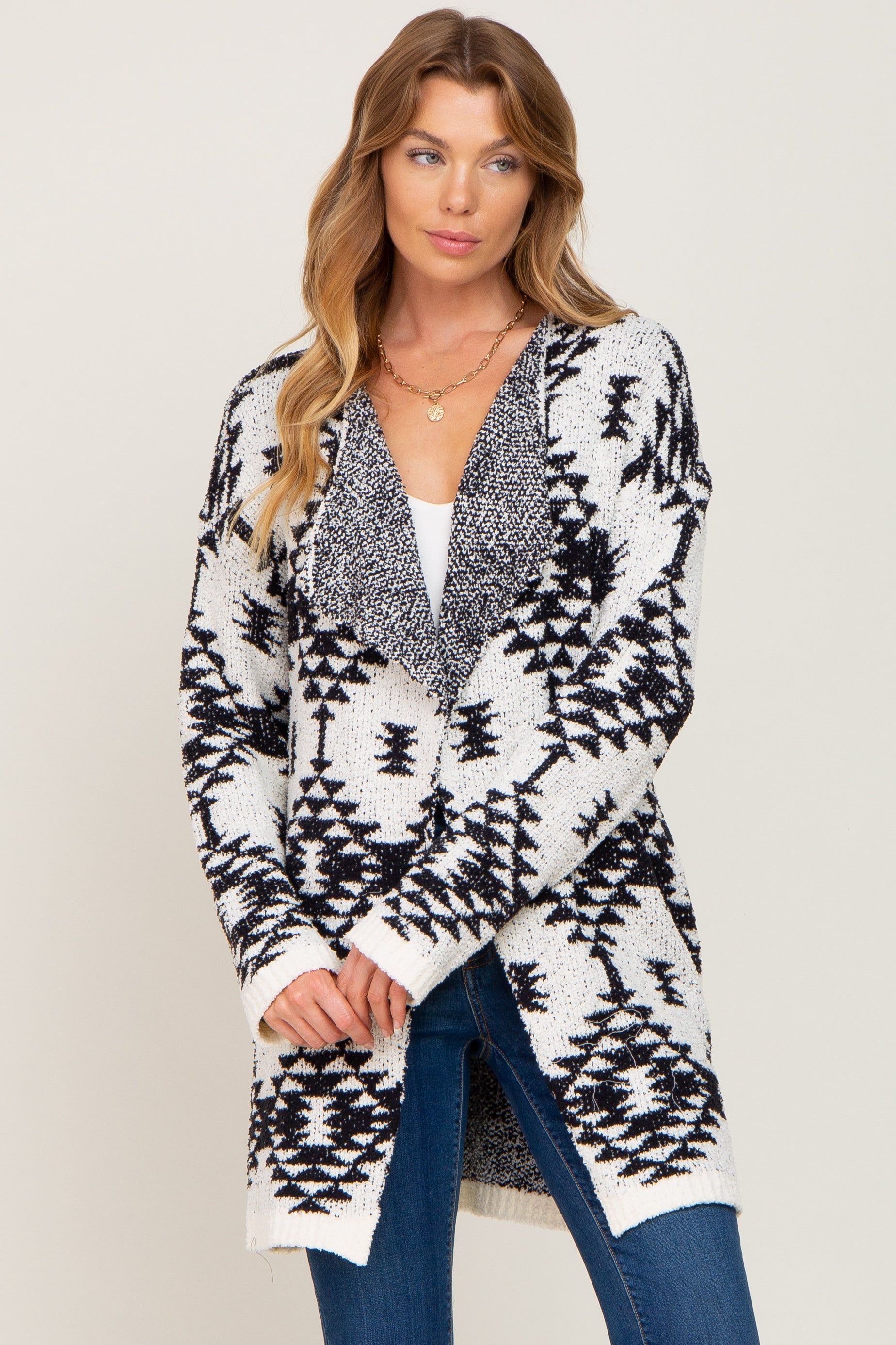 Cream Printed Chenille Knit Cardigan sold by Pinkblush