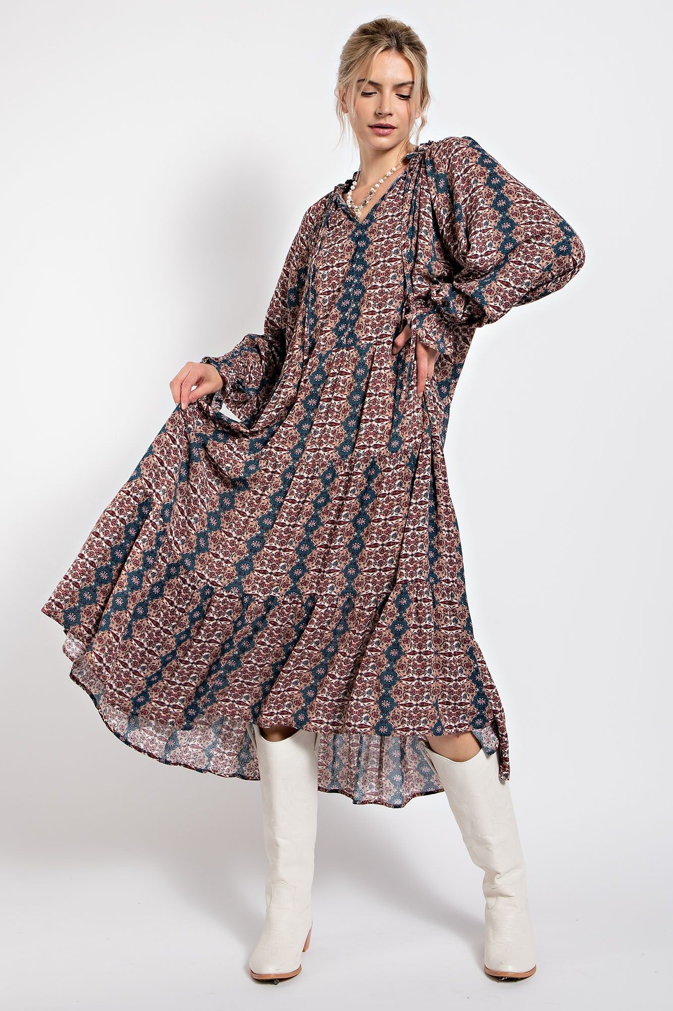 Teal Floral Front Tie Tiered Maternity Midi Dress sold by Pinkblush product image thumbnail 4