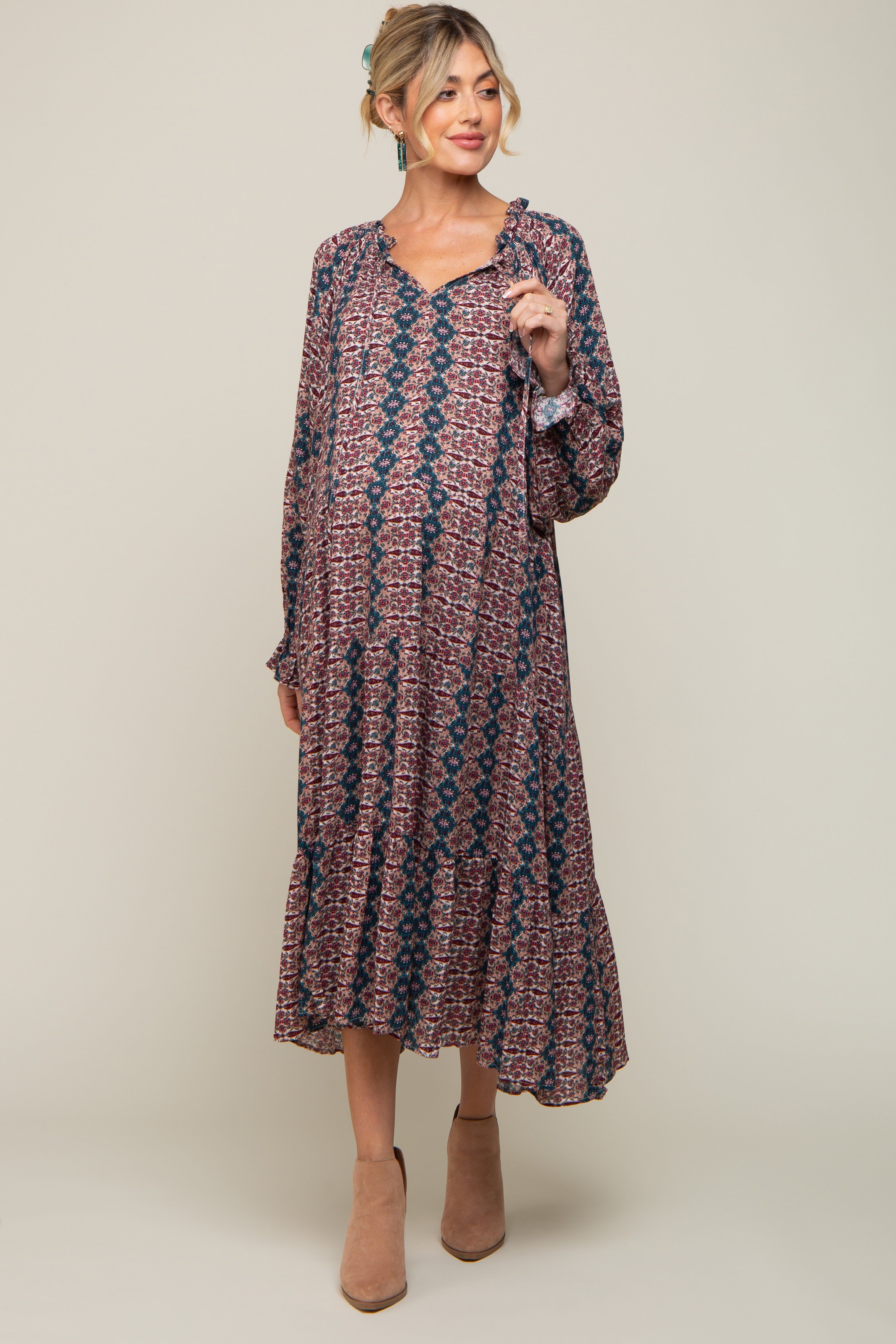 Teal Floral Front Tie Tiered Maternity Midi Dress sold by Pinkblush