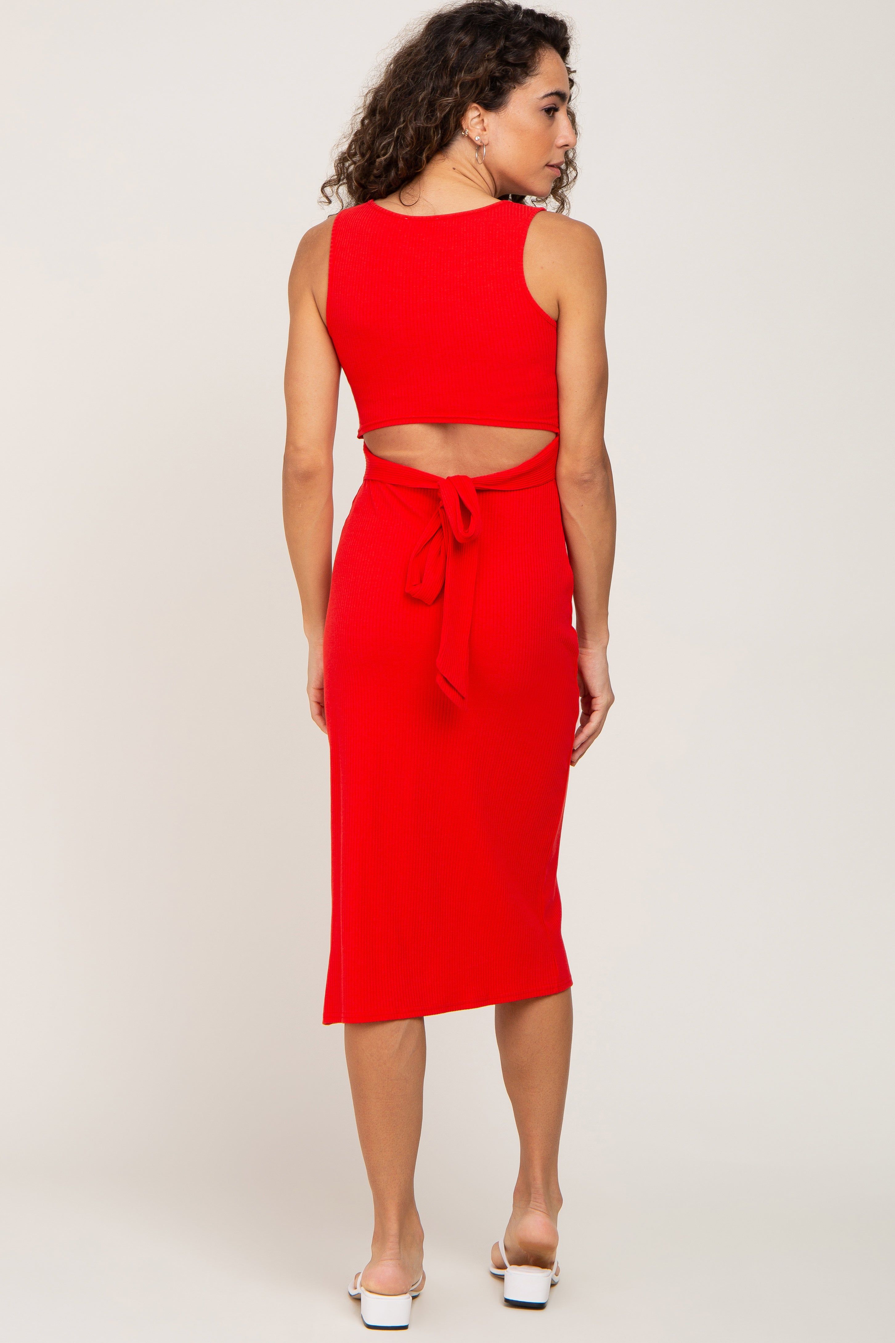 Red Ribbed Back Cutout Midi Dress sold by Pinkblush product image thumbnail 3