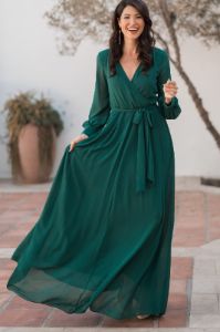 Green Chiffon Long Sleeve Pleated Maxi Dress sold by Pinkblush