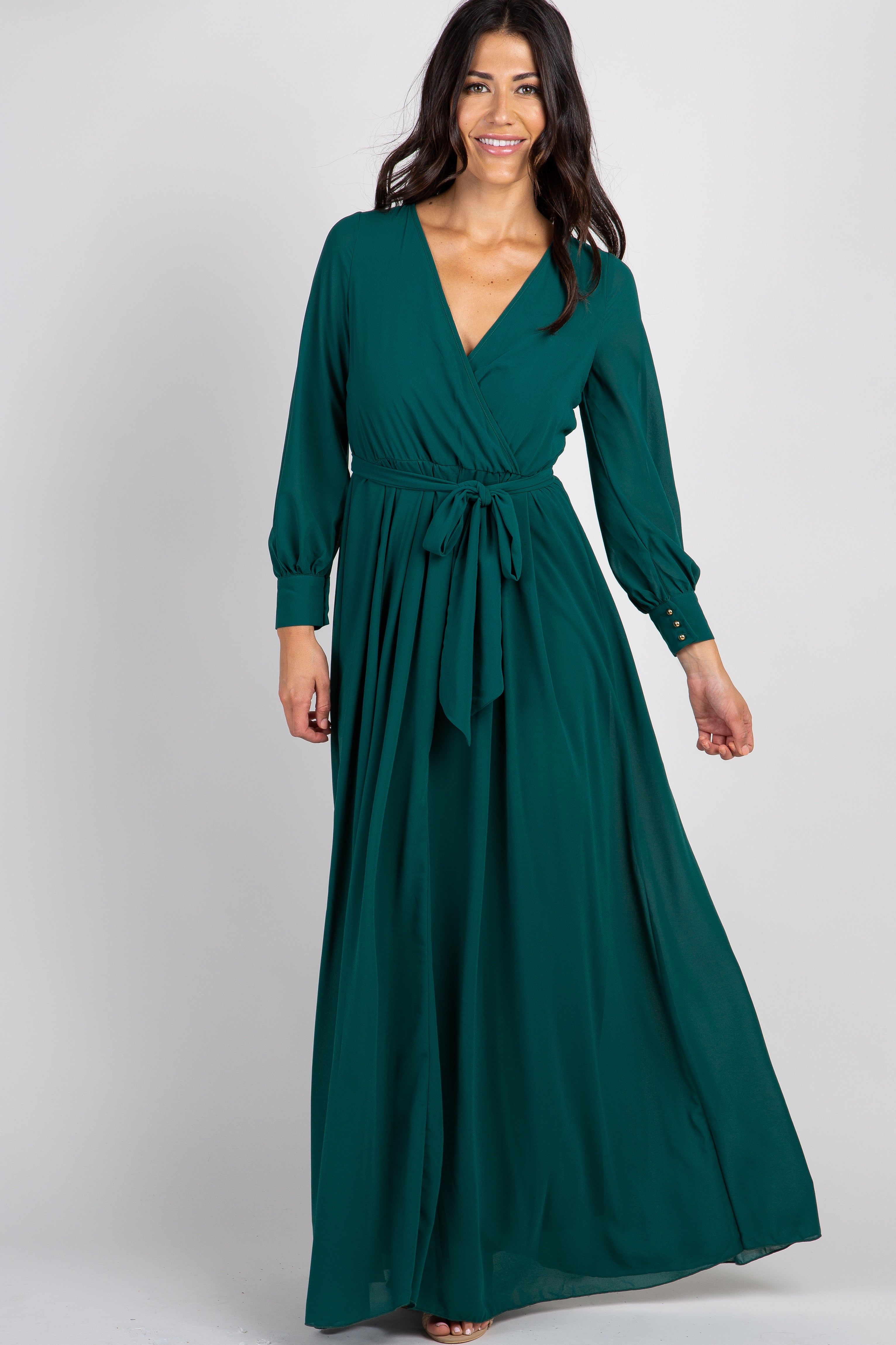 Green Chiffon Long Sleeve Pleated Maxi Dress sold by Pinkblush