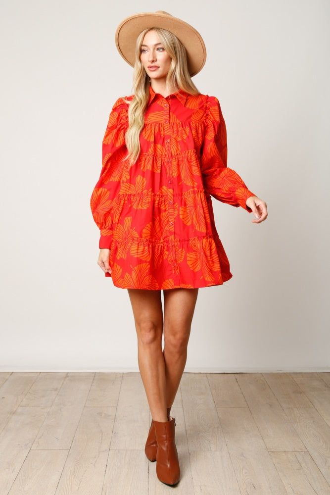 Orange Tropical Print Button Down Tiered Shirt Dress sold by Pinkblush product image thumbnail 4
