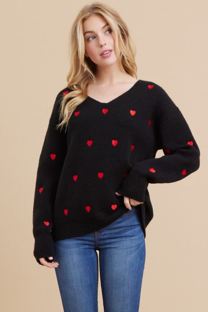 Black Red Heart Knit Pullover V-Neck Sweater sold by Pinkblush