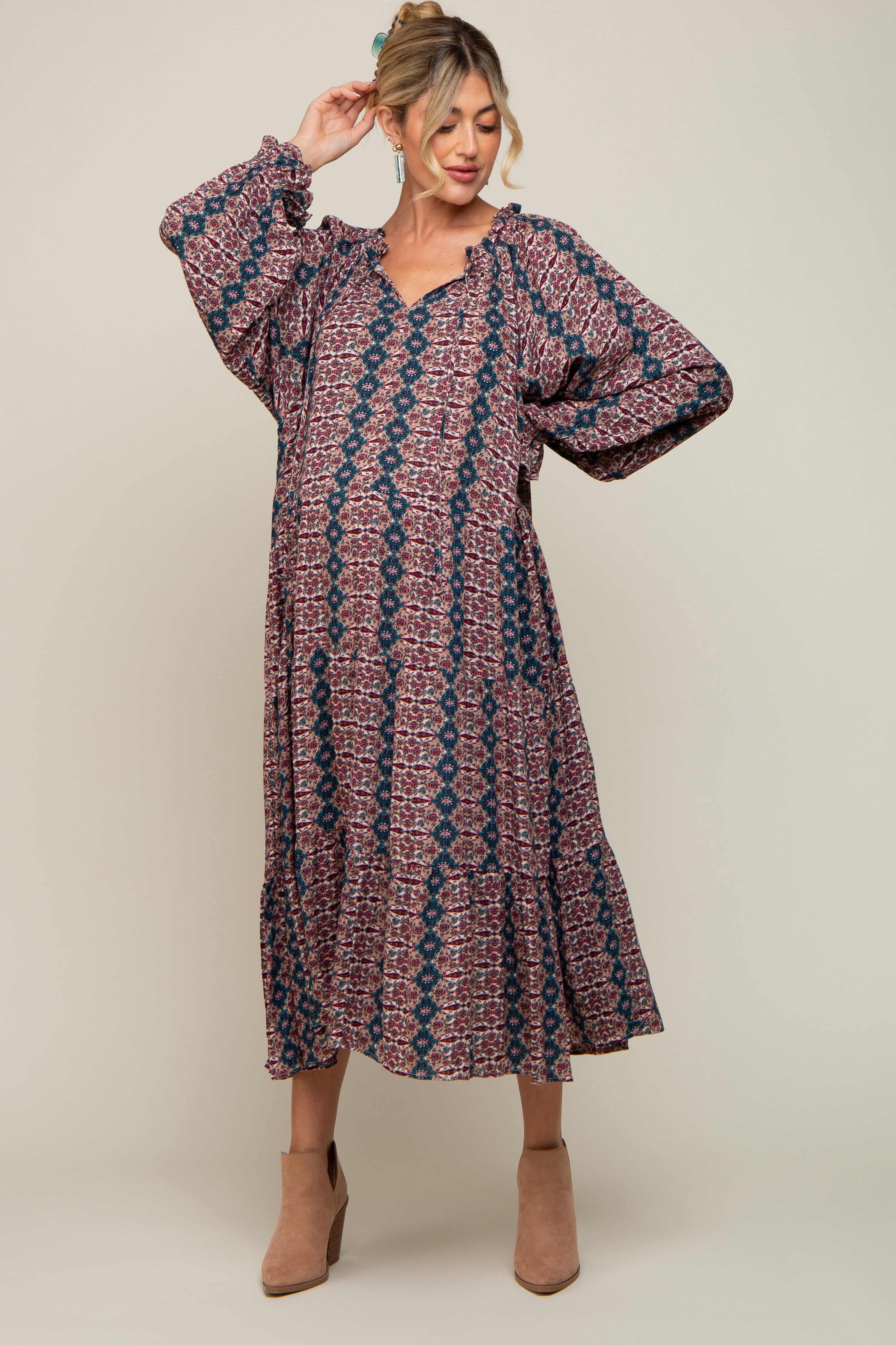 Teal Floral Front Tie Tiered Maternity Midi Dress sold by Pinkblush product image thumbnail 2