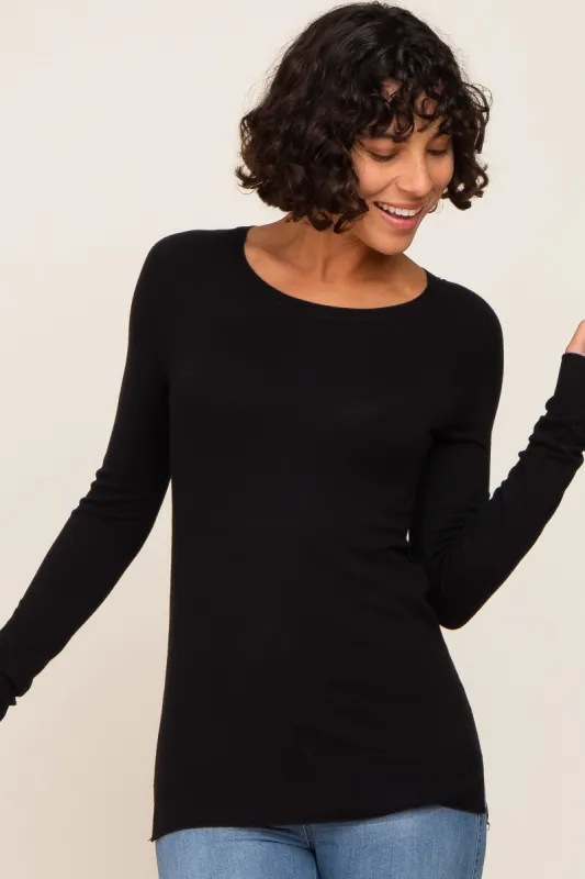 Black Ribbed Knit Side Slit Sweater sold by Pinkblush