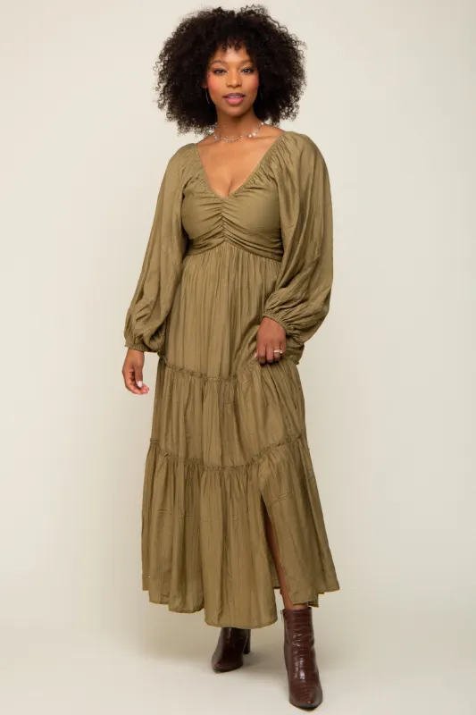 Olive Ruched Front Cutout Back Tiered Maxi Dress sold by Pinkblush